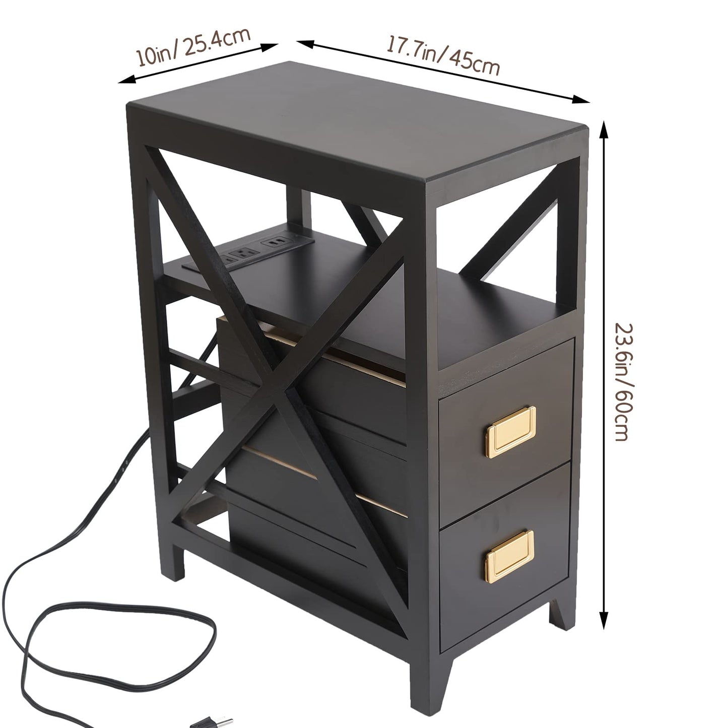 BECTSBEFF Fully Assembled Narrow Side Table with Charging Station, No Assembly Narrow Nightstand with USB Ports, Pre Assembled Skinny End Table with Outlets for Living Room, Bedroom-Black