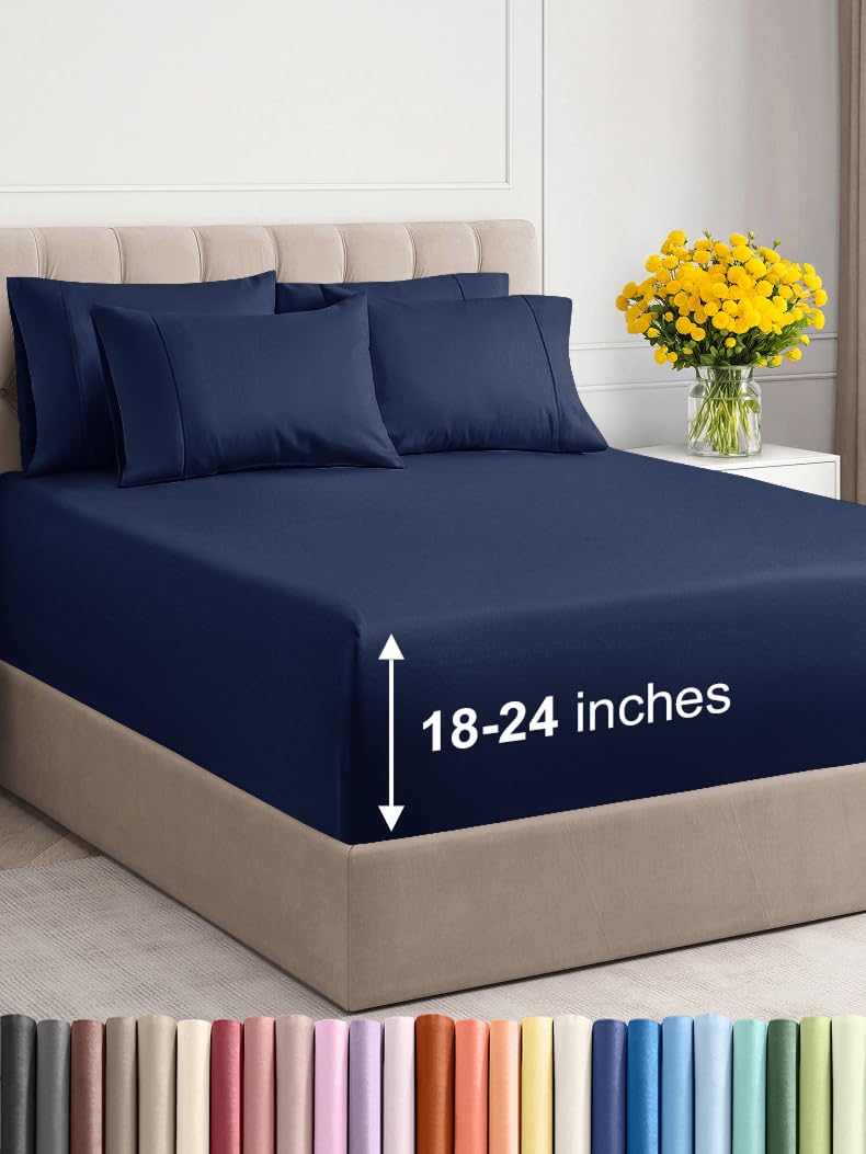 Extra Deep King Sheet Set - 6 Piece Breathable & Cooling Sheets - Hotel Luxury Bedding Set 18-24 Inch Extra Deep Pockets - Easy & Secure Fit - Super Soft, Wrinkle Free & Comfy - Navy Blue, King Size