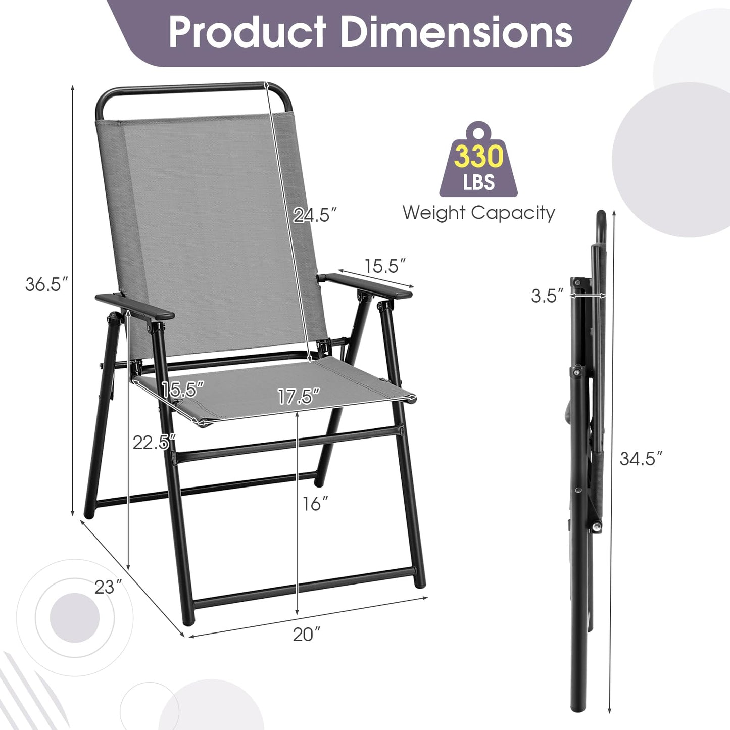 Giantex Patio Chairs Set of 4, Outdoor Folding Chairs with Armrests, Metal Frame, Outside Foldable Dining Chairs for Lawn Deck Porch Beach Yard (Gray & Black)