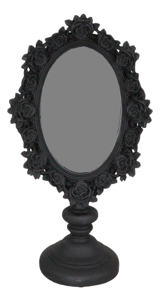 Ebros Gift Victorian Black Gothic Roses Floral Decorative Vanity Dressing Desktop Table Mirror Oval Shaped Figurine with Dark Alchemy Ossuary Macabre Boudoir Accent