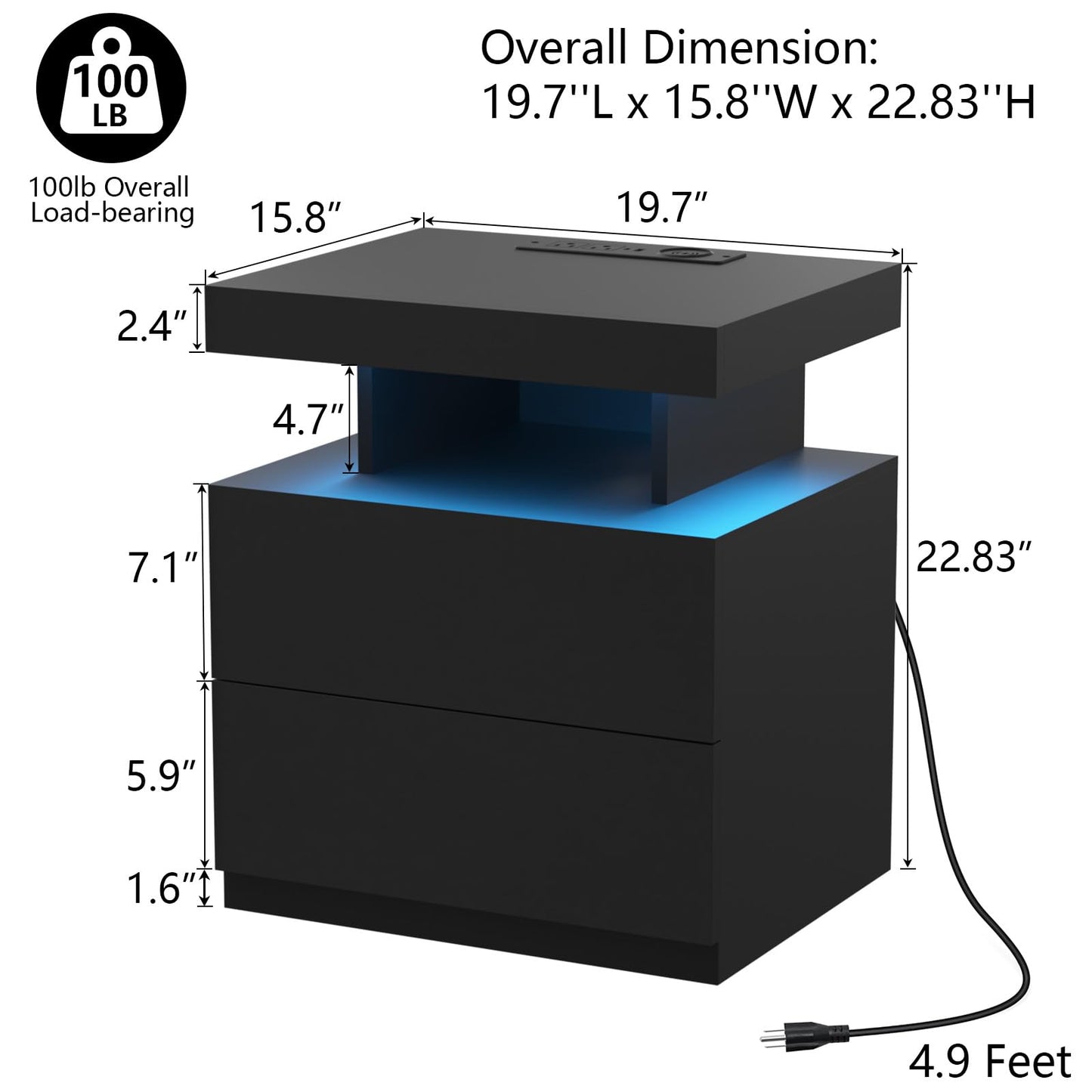 HOMMPA LED Nightstand with Wireless Charging Station & USB Ports, Modern Bedside Table, Black Night Stand with Open Compartment, Smart Nightstand High Gloss Surface for Bedroom