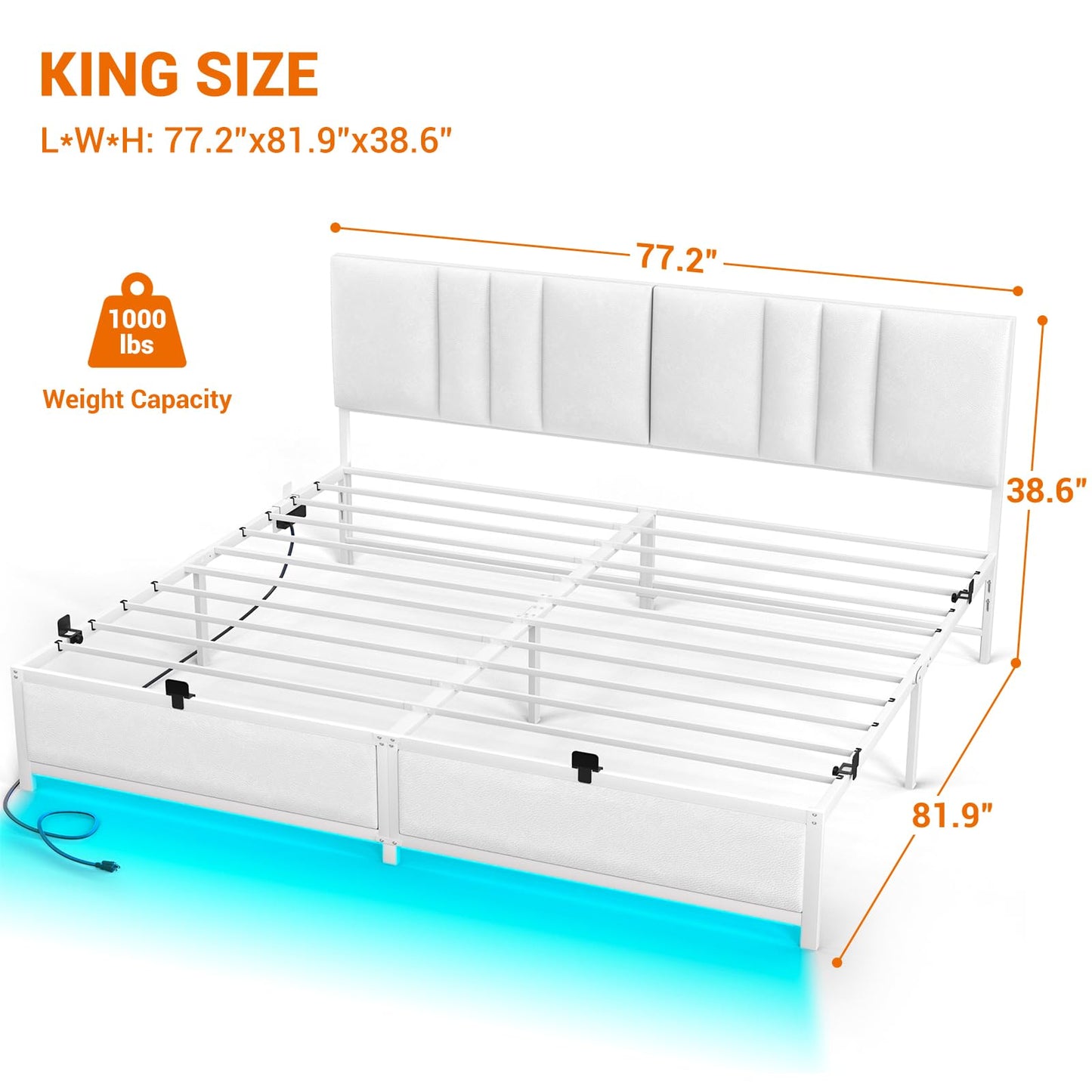 Cyclysio King Metal Bed Frame with Headboard, King Size Bed Frame with Charging Station and LED Lights, Height Adjustable PU Leather Headboard, Strong Metal Slats Support, No Box Spring Needed, White