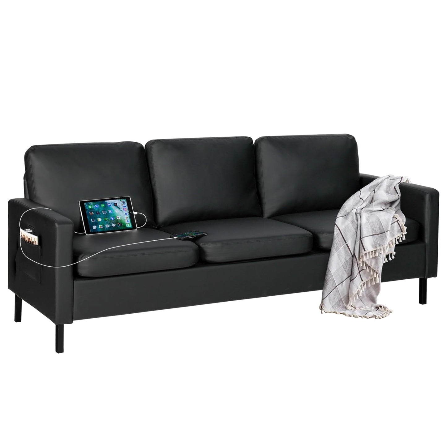 STHOUYN 72" W Faux Leather Black Sofa 3 Seat Couch, Modern Comfy Couch with 2 USB, Small Couches for Living Room Apartment Bedroom Small Spaces, Office(Black (Sofa))