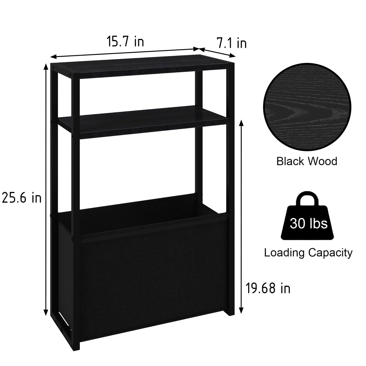 Leomonio Black Side Table, Slim Side Table with Magazine Rack, Bathroom Table for Small Spaces, Narrow Bedside Table for Living Room, Bedroom