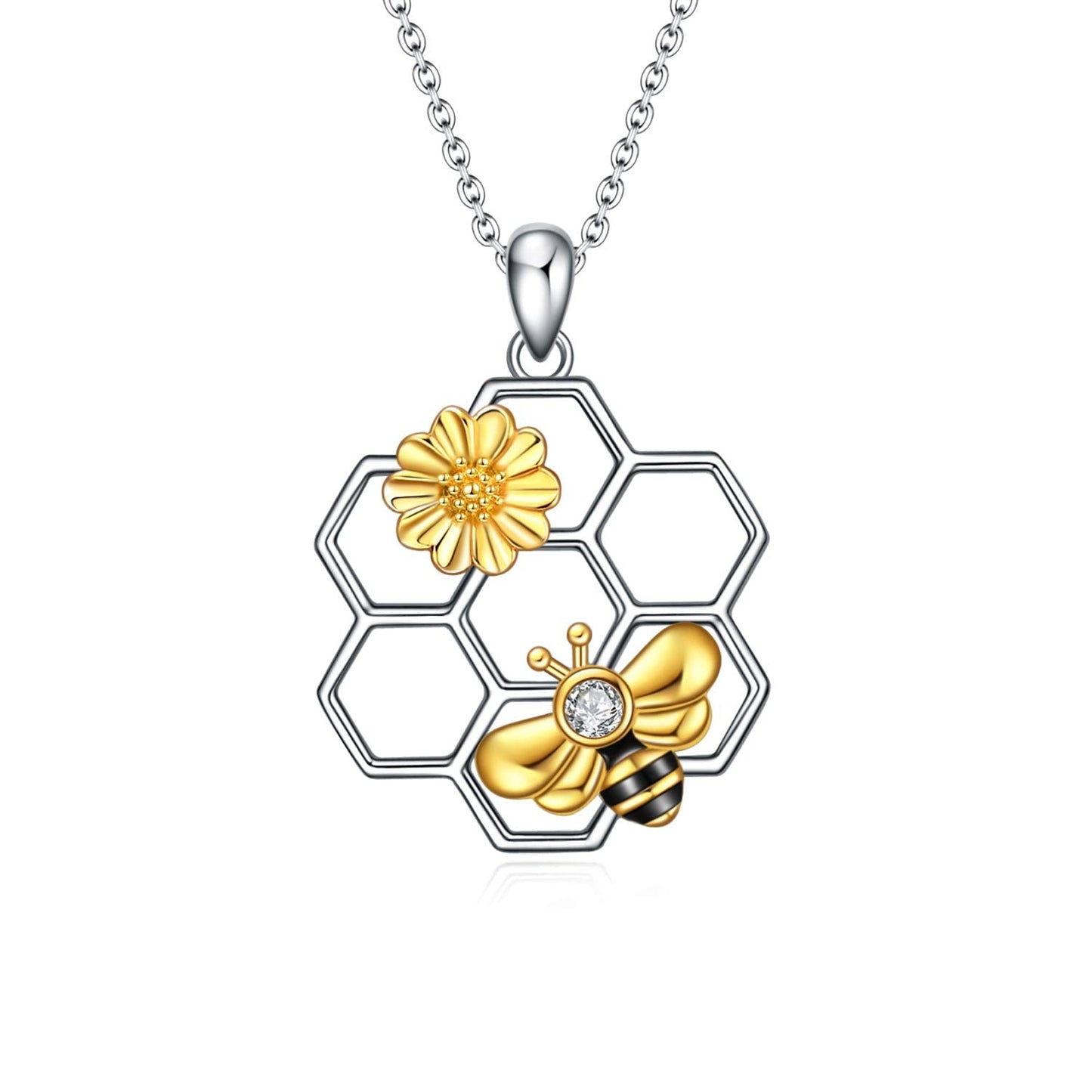 LUHE Bee Necklace 925 Sterling Silver Bumblebee Necklace Honeycomb Cute Flower Pendant Jewelry for Women Christmas Gifts for Her