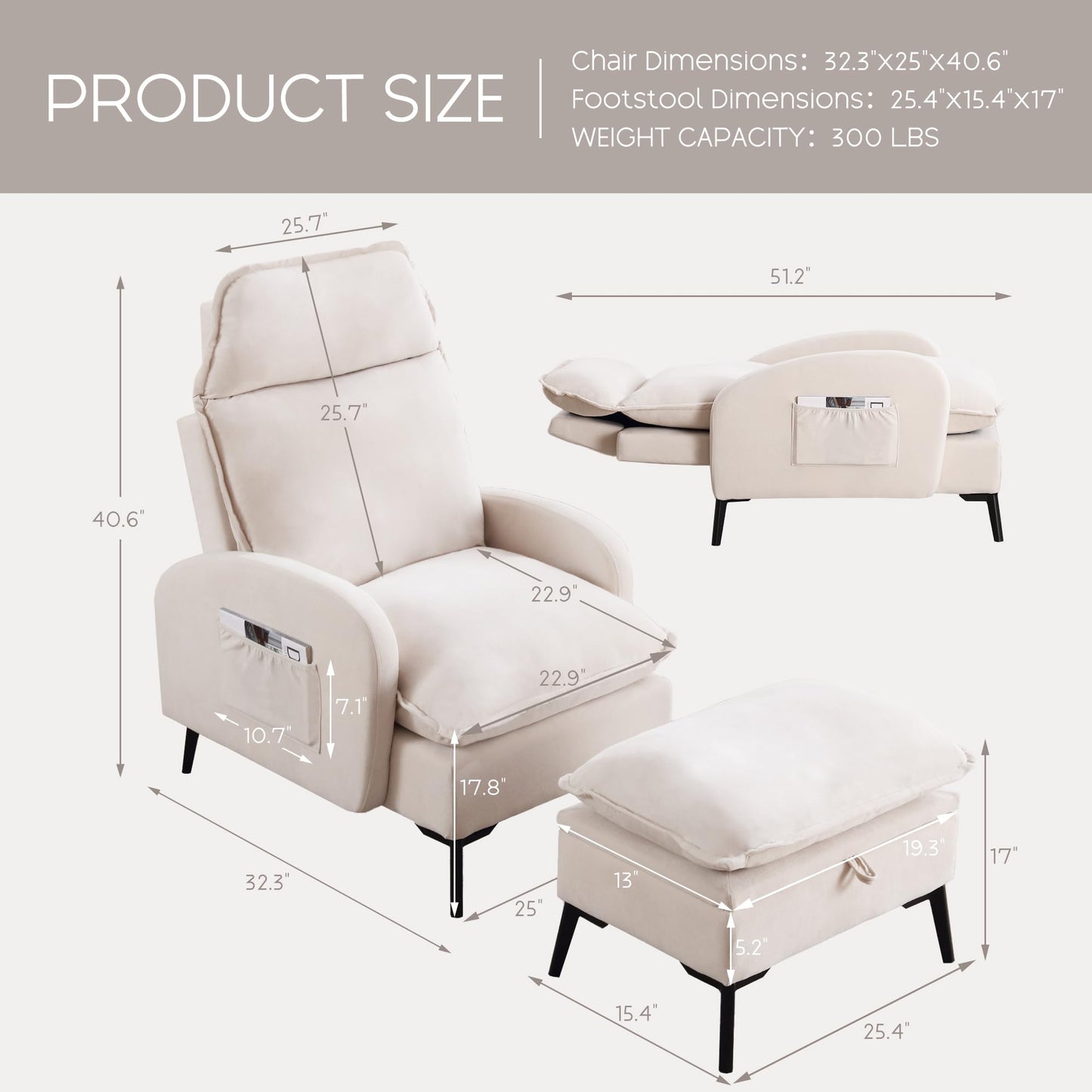 YUUIJOAA Accent Chair with Ottoman, Comfy Reading Chair and Ottoman Set, Modern Velvet Lounge Armchair with Storage and Adjustable Backrest for Living Room Bedroom, Cream