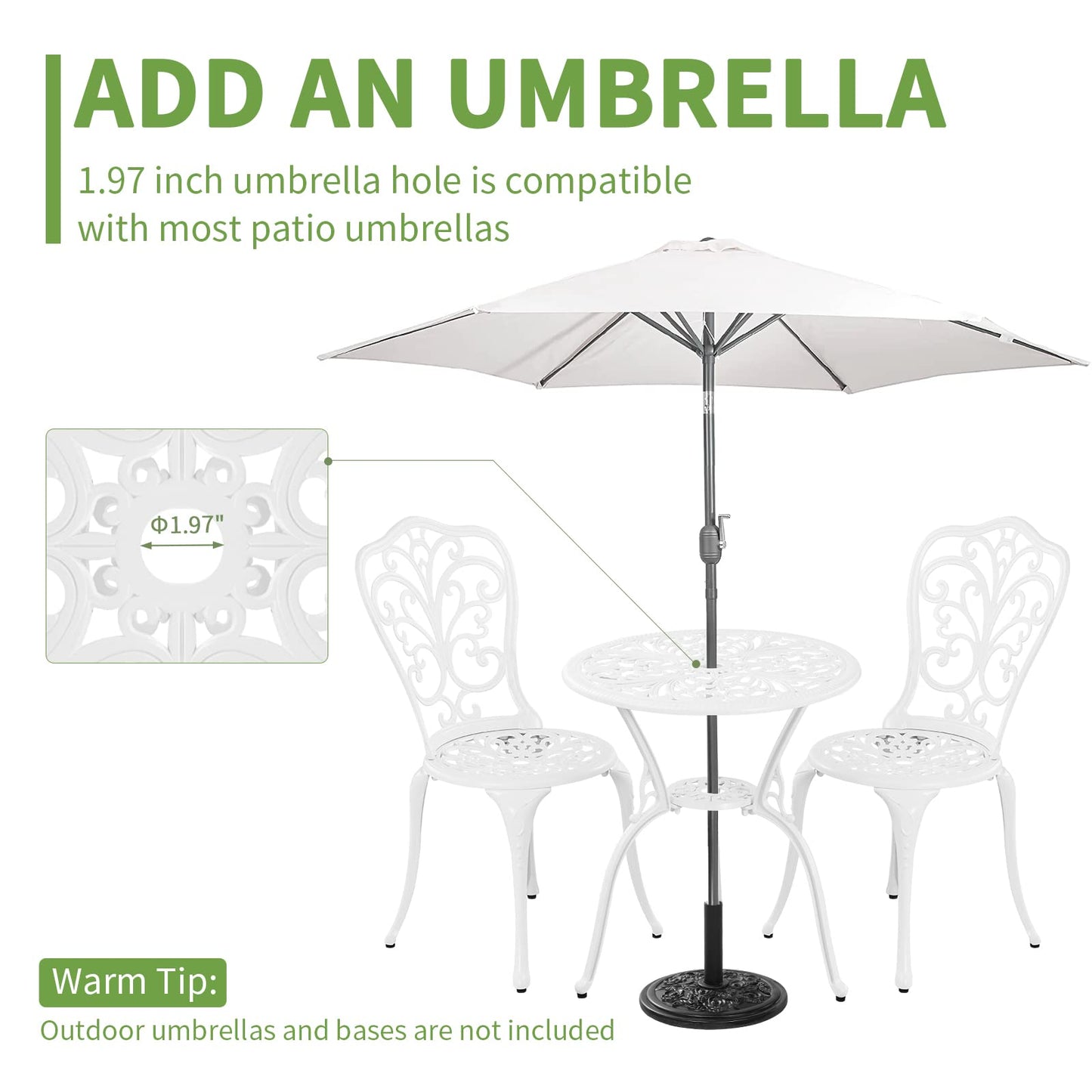 Withniture 3 Piece Patio Set Outdoor Cast Aluminum Patio Bistro Table and Chairs Set of 2,All Weather Outdoor Bistro Sets with 1.97" Umbrella Hole for Front Porch Set,Garden(White)