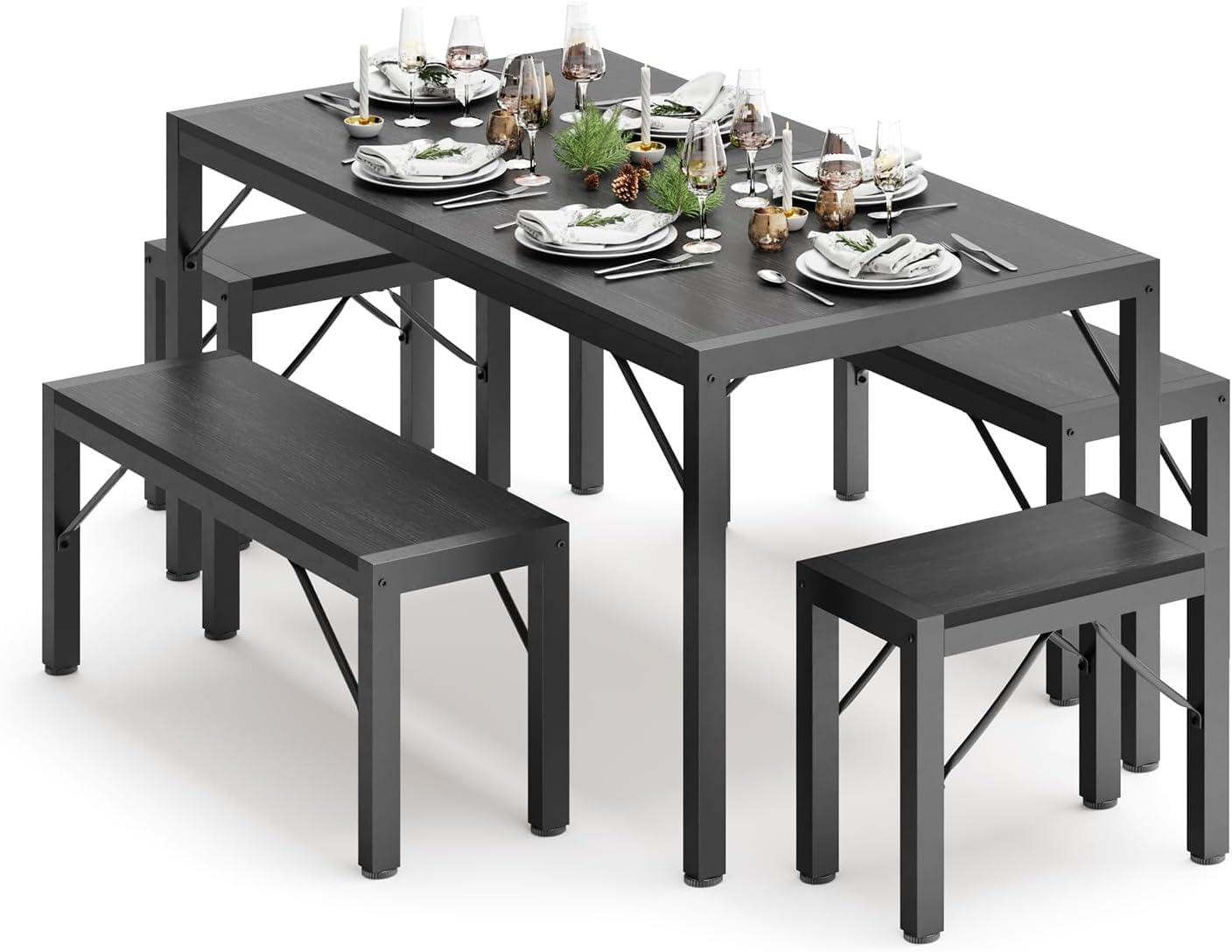 Gizoon 63" Dining Room Table Set for 6, Kitchen Table with 2 Benches and 2 Stools, Dining Table Set with Metal Frame, Space-Saving Kitchen Table Set for Apartment, Black