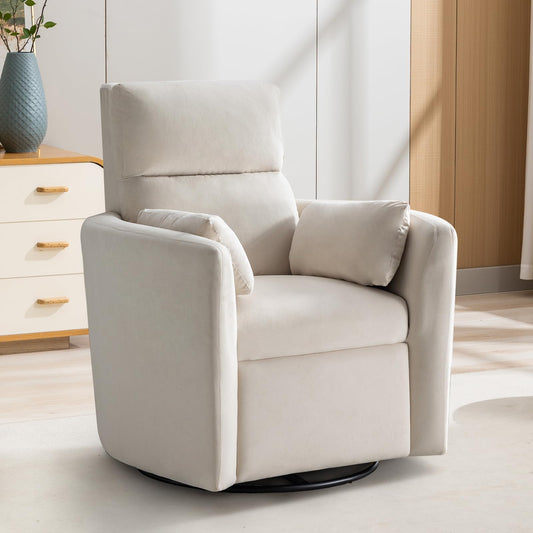 EBELLO Swivel Accent Chair, Velvet High Back Round Living Room Chair, Minimalist Reading Conversation Seat with Two Pillows for Small Space, Bedroom, Beige