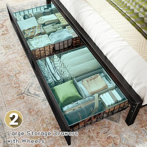 Homkdom King Size Bed Frame with 2 Storage and LED Lights, King Bed Frame and Headboard Built in Charging Station,Noise-Free,Easy Assembly, No Box Spring Needed, Black