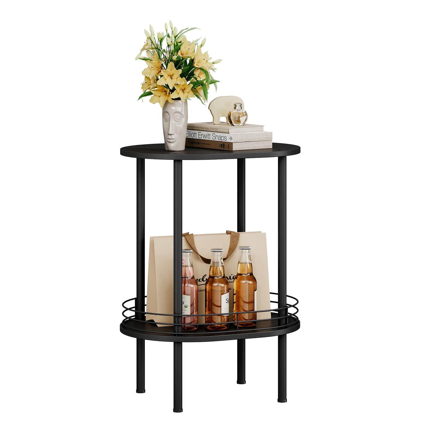 DGSANDGO Small Round Side Table,Bedside Table with Storage, Morden Round Nightstand, Samll Side Table for Living Room，Bathroom，Bedroom, Nursery, Laundry, Black