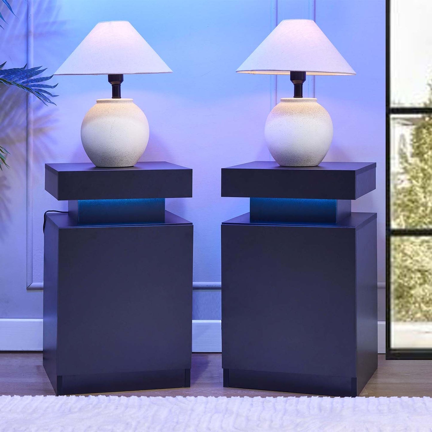 Black Nightstands with Set of 2, LED End Table Set with One Storage Cabinet, Modern Bedside Table with Door for Bedroom