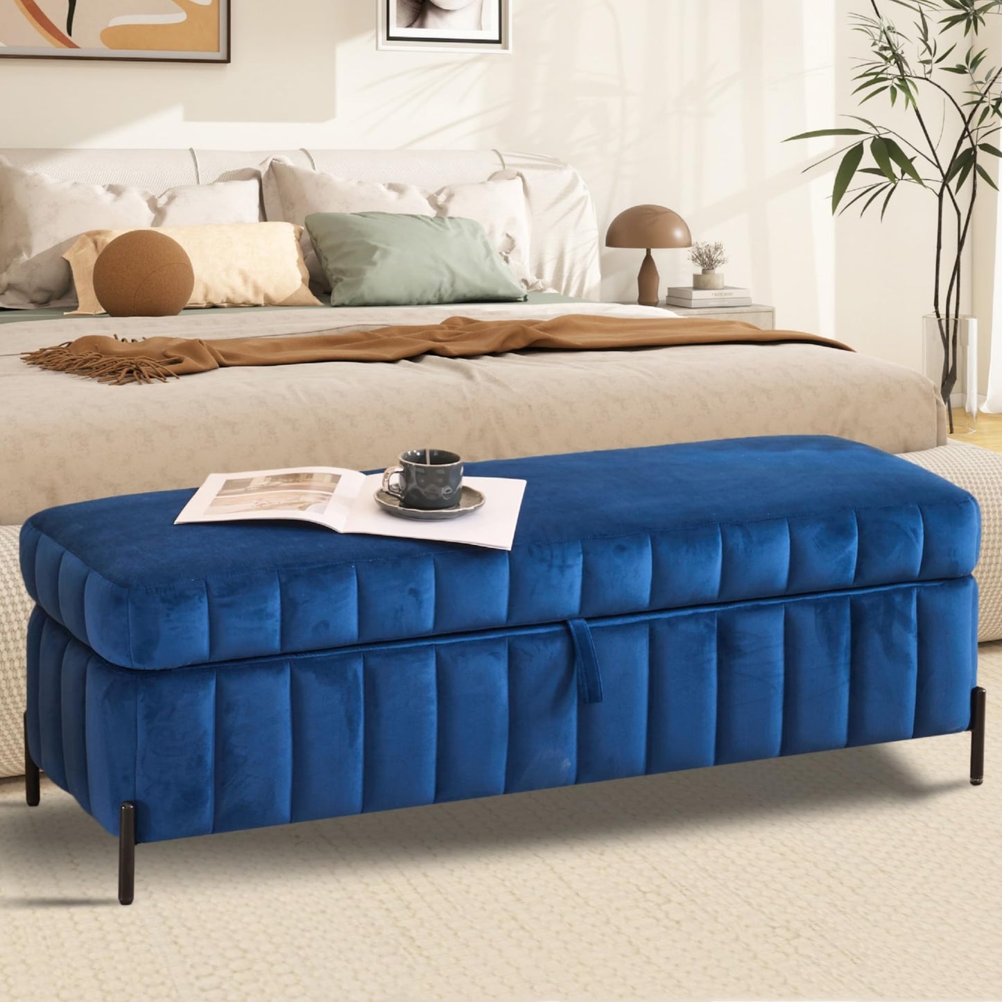 Sinzho & Wiyfun Upholstered 49.2" End of Bed Storage Bench Velvet Storage Ottoman Bench for Bedroom Entryway, Navy Blue