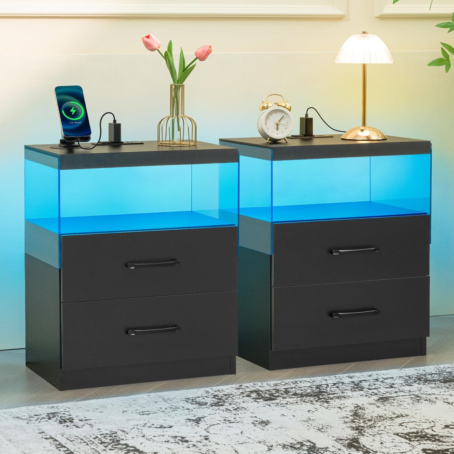 i-aplus Black Night Stand Set of 2,LED Nightstand with Charging Station,Bedside Table with 2 Drawers,Modern Bed Side Tables Bedroom