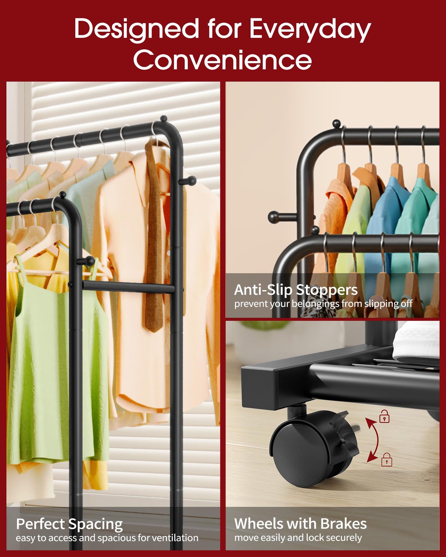Sakugi Clothes Rack - Double Rods Clothing Rack with Mesh Shelf, Hooks & Wheels, Metal Clothing Racks for Hanging Clothes & Bags, Multifunctional Garment Rack for Laundry, Black, 28.7" x 16.5" x 59.1"