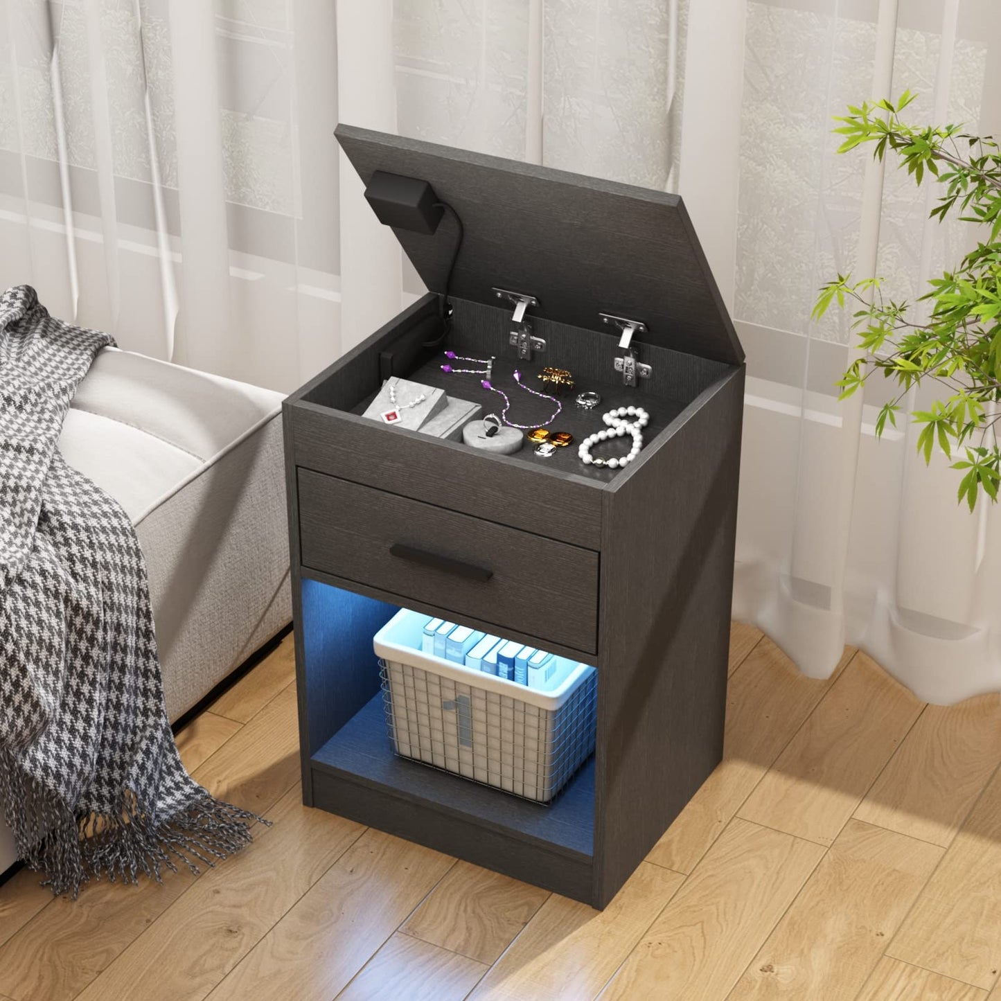 Auromie Nightstand with Charging Station and LED Lights, Concealment Furniture with RFID Lock Cabinet and Power Outlets, Bedside Table with Hidden Compartment for Valuables Storage, Black