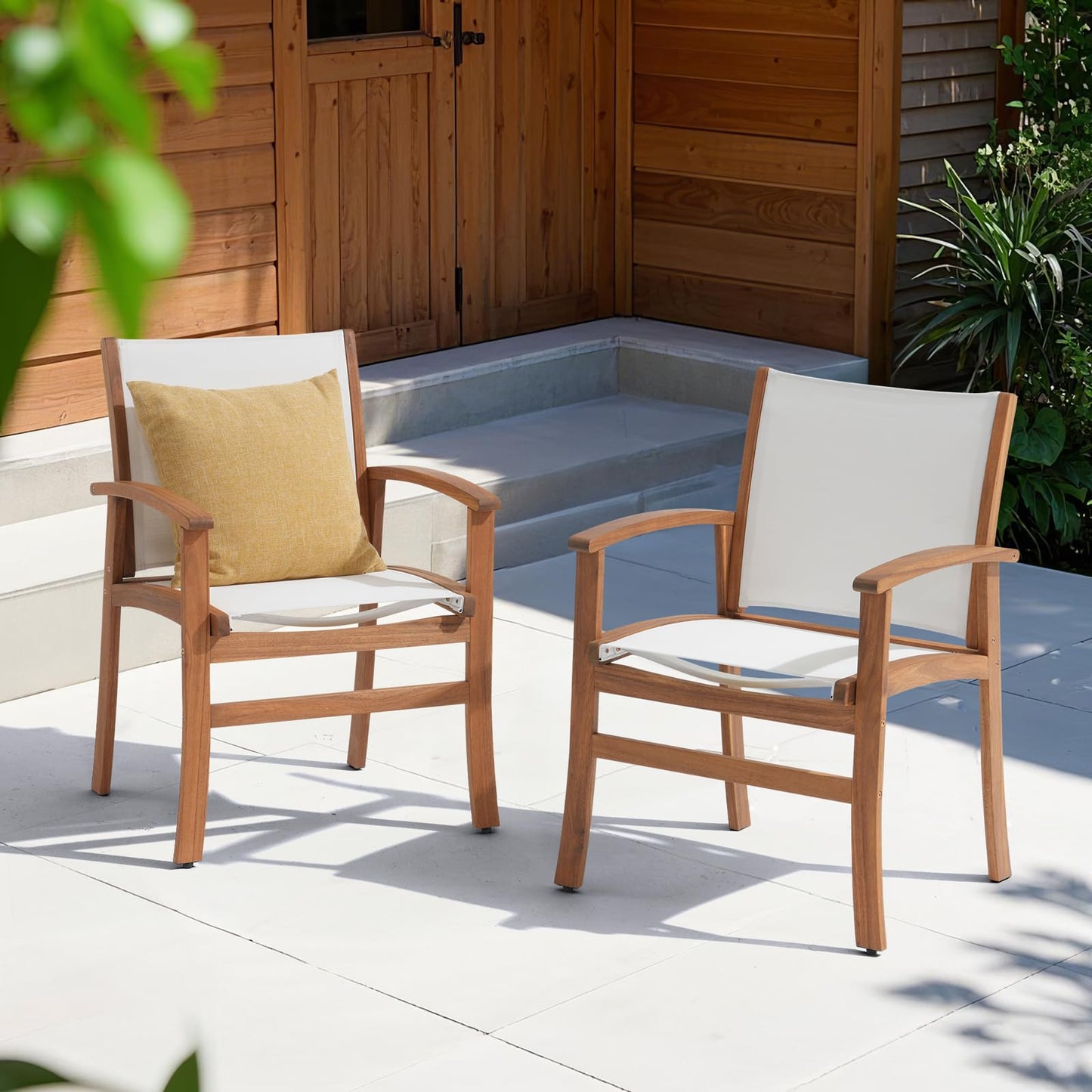 OC Orange-Casual Patio Furniture Set, Outdoor Chairs Set with Acacia Wood Frame and Metal Support Bars,Breathable Textilene Fabric Curved Armchair Support 350lbs for Lawn, Garden (White, 2 Pieces)