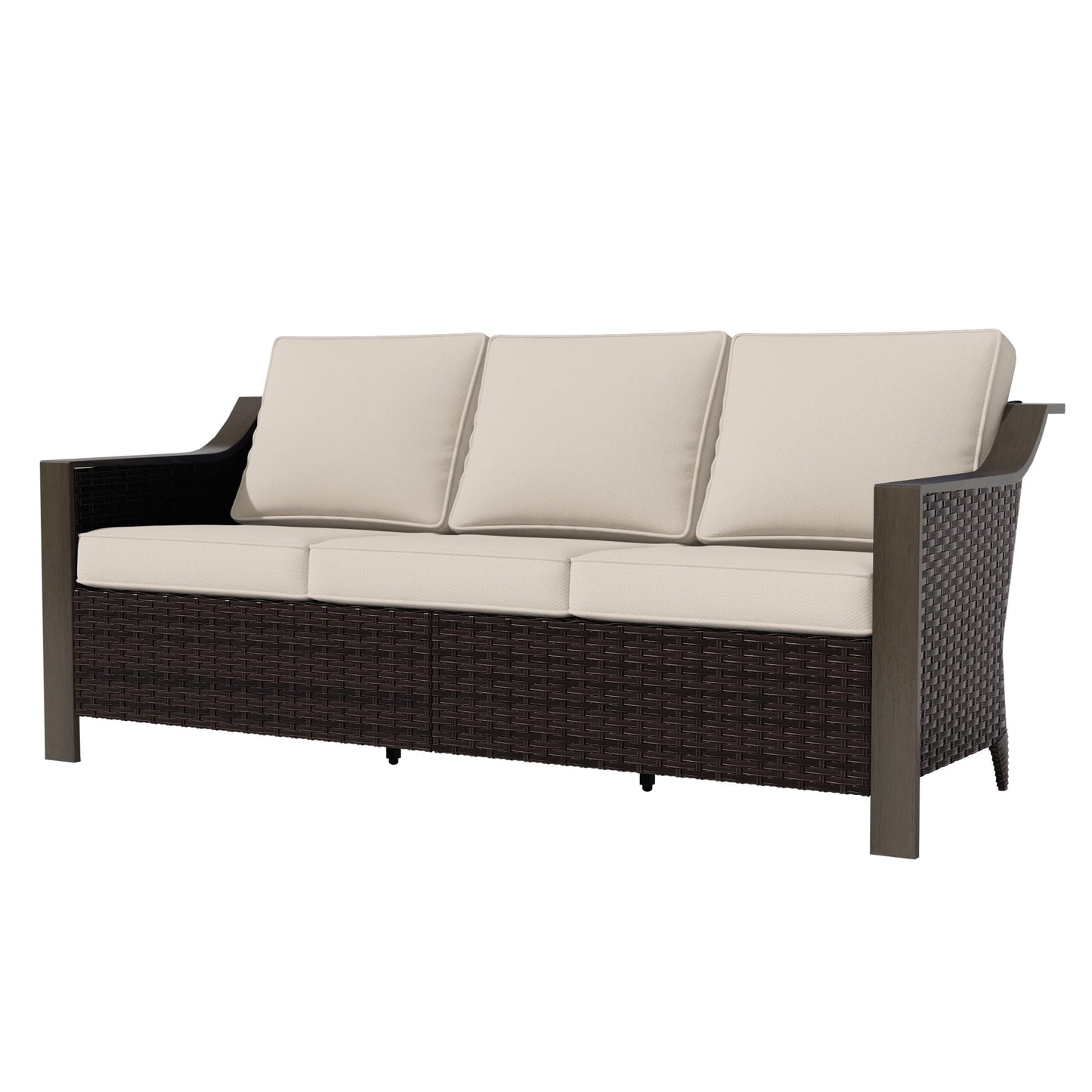 Qsoer 74 Inch Patio 3-Seater Sofa,PE Wicker Outdoor Lounge with Thick Removable Water-Resistant Cushions, Rust-Proof Steel Frame, 900LBS Capacity, Beige