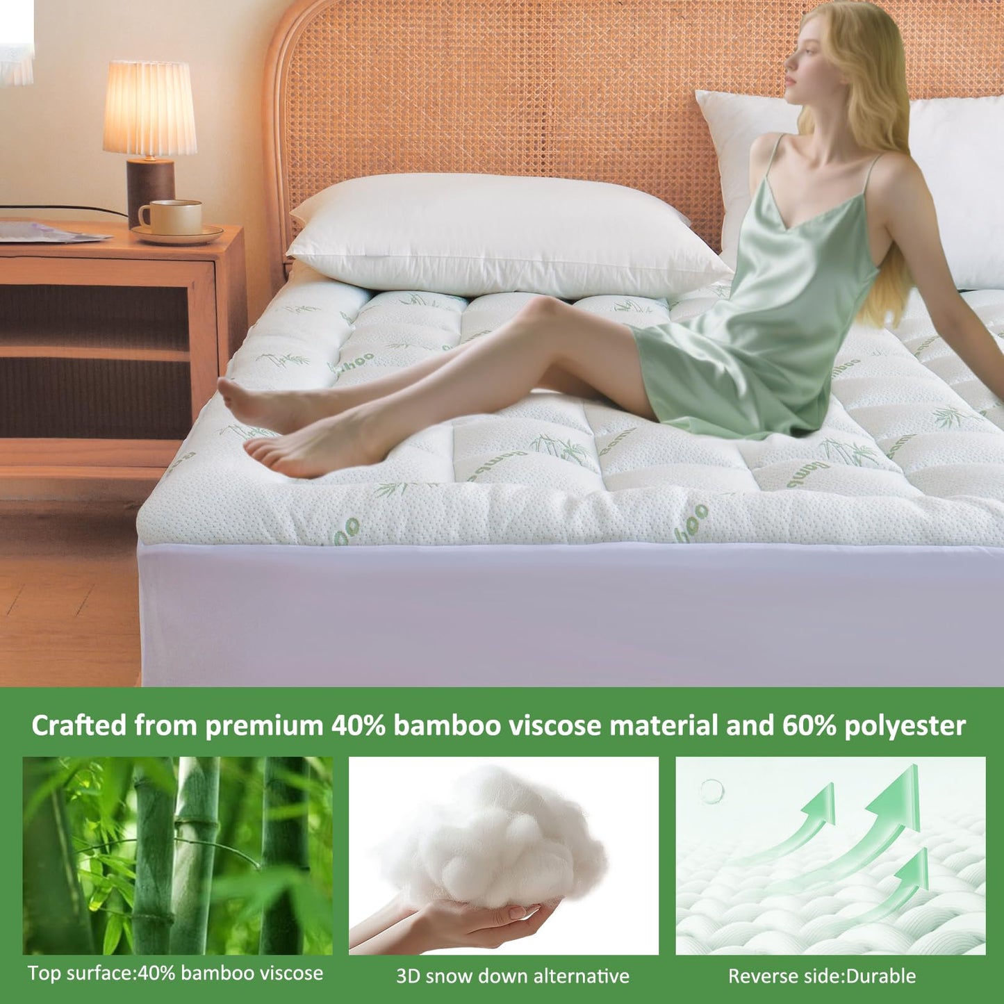 Bioeartha Mattress Topper Queen Size- Viscose Made from Bamboo Cooling Pillow Top Mattress Pad for Back Pain Relief - Breathable Mattress Protector Deep Pocket Mattress Cover Fits 8-21 Inch
