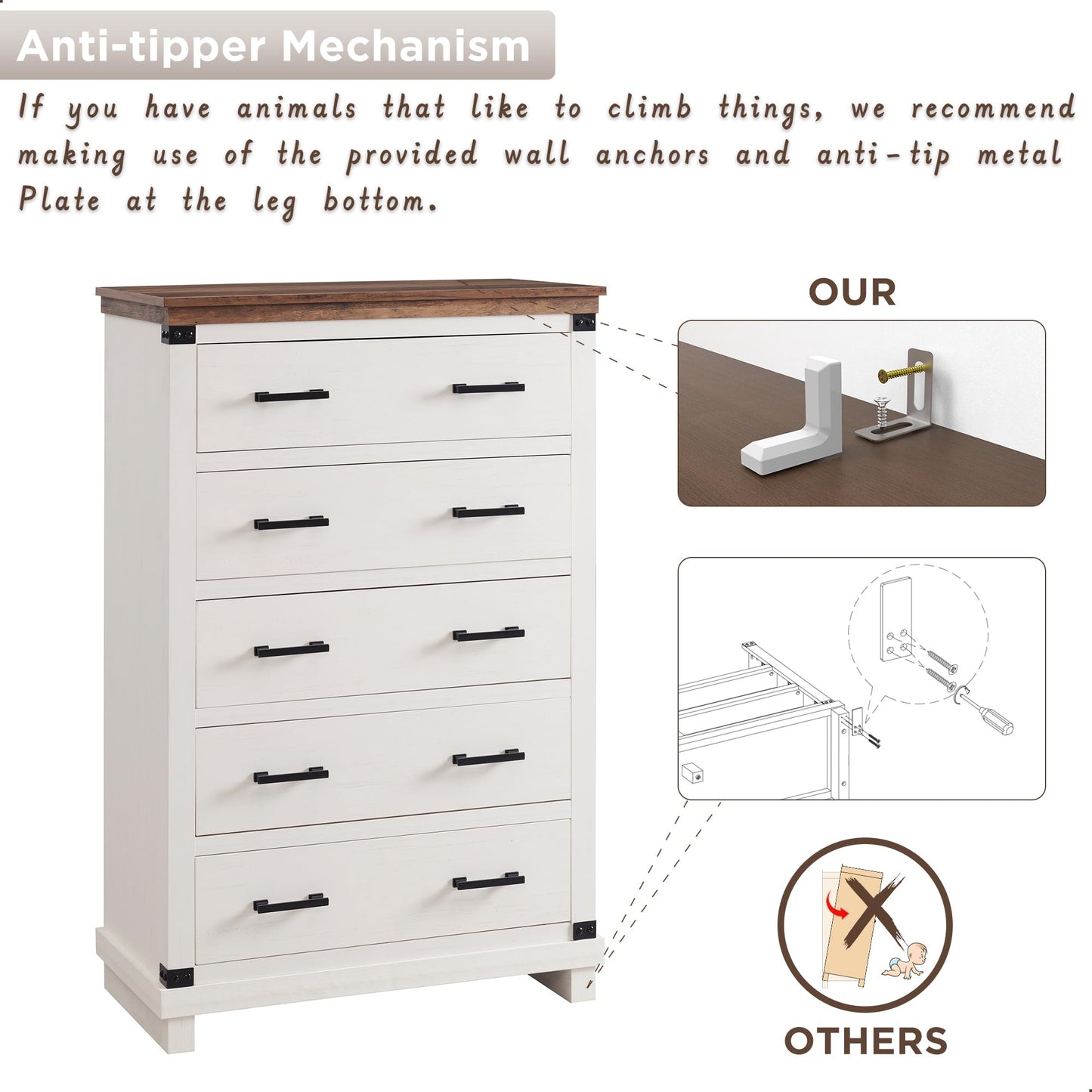 T4TREAM Farmhouse 5 Drawers Dresser for Bedroom, 48" Tall Wood Chest of Drawers w/Natural Texture & Metal Handle, Rustic Storage Dressers Organizer for Living Room, Hallway, Antique White