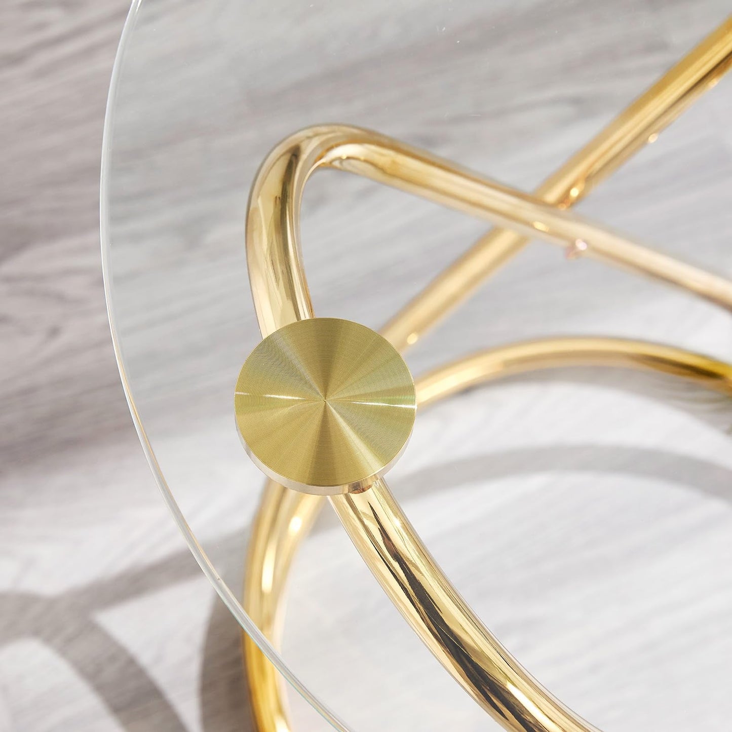 BECHAEO 31.5'' Round Glass Coffee Table with Gold-Plating Bright Metal Oval Frame, Modern Circle Gold Coffee Table for Living Room