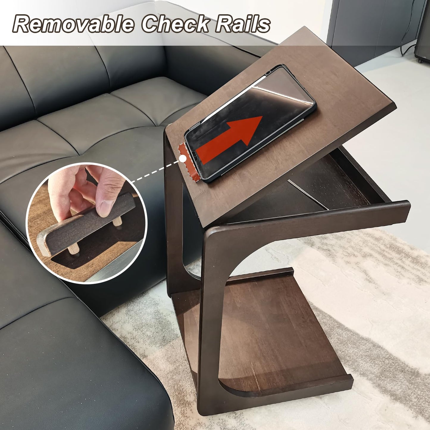 Solid Wood C Shaped End Table,Wooden Side Tables for Couch with Rolling Wheels, Adjustable Desktop TV Tray Table for Narrow Living Rooms Bedrooms & Small Spaces - Compact Sofa sode & Bedside Tables