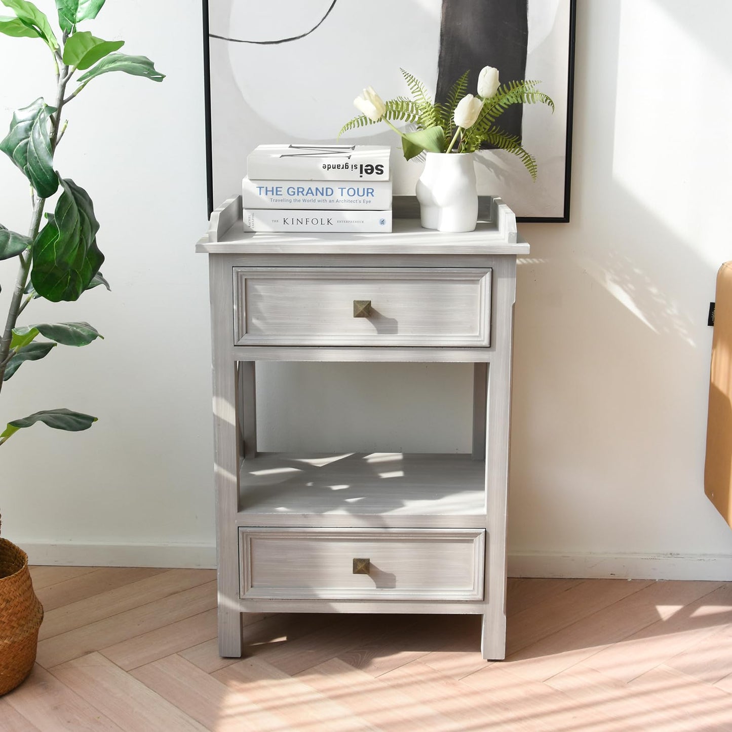 Light Gray Wooden Side Table. with 2 Drawers and an Open Shelf, USB Charging Ports Included. Ideal for Living Rooms by Sofas Or Bedrooms Near Beds for Storage and Convenience (Gray)