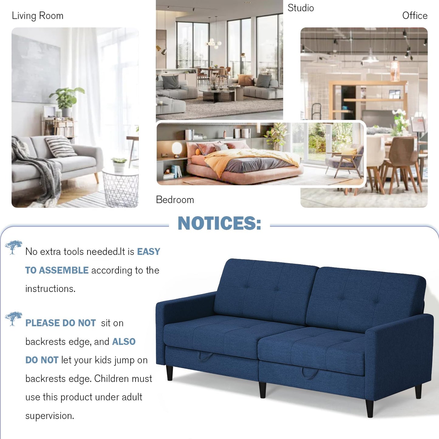 Lesofair 77" Linen Fabric Sofa Bed with Adjustable Backrests, Convertible Loveseat Sofa with Storage Space, Modern Sleeper Couch with Wooden Legs for Living Room, Bedroom, Blue