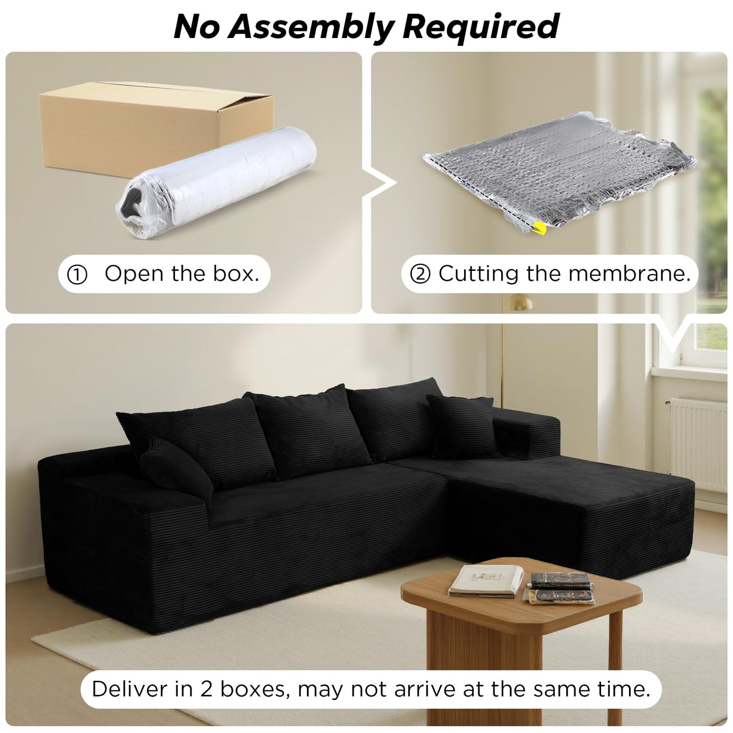 Black Cloud Couch Sectional Sofa in Box with L-Shape Chaise,Modern Modular Couches Upholstered with Deep Seat for Living Room,No Assembly Required