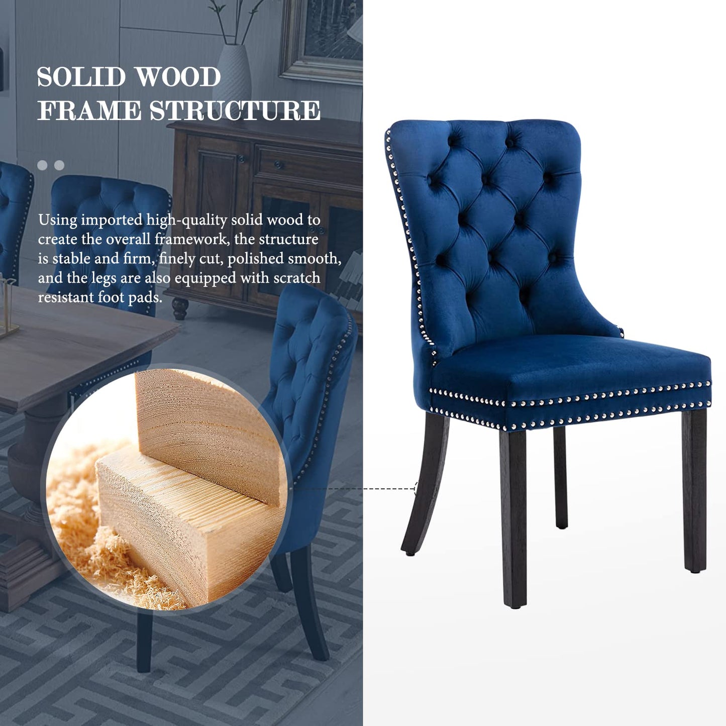 Eifizek Velvet Dining Chairs Set of 4, Tufted Dining Room Chairs with Nailhead Ring Pull Trim, Upholstered Dining Chairs with Solid Wood Legs for Kitchen Dining Room, Sillas De Comedor (Blue)