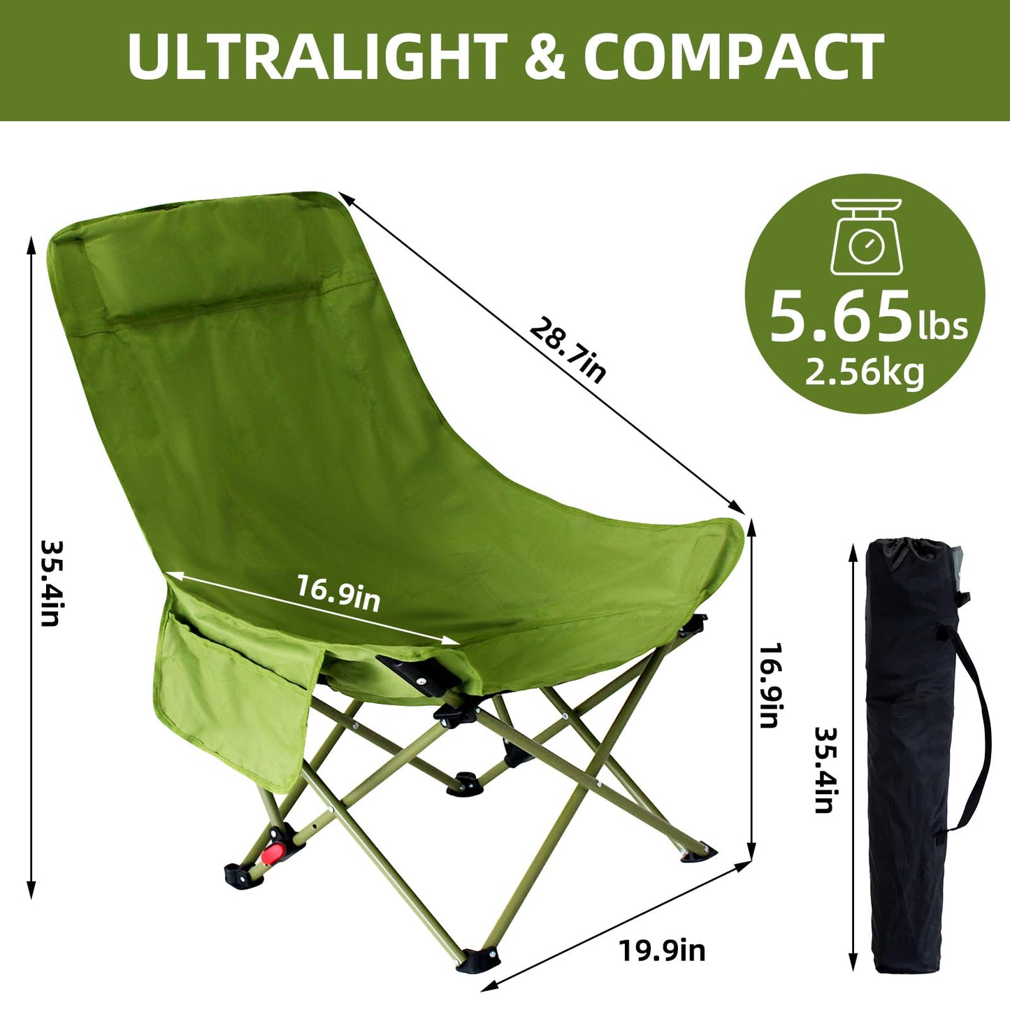 Outdoor Portable Camping Chair, Folding Camping Chair with Adjustable Backrest, Suitable for Patio/Fishing/Beach/Camp, Includes A Storage Bag (2 Pack-Green)