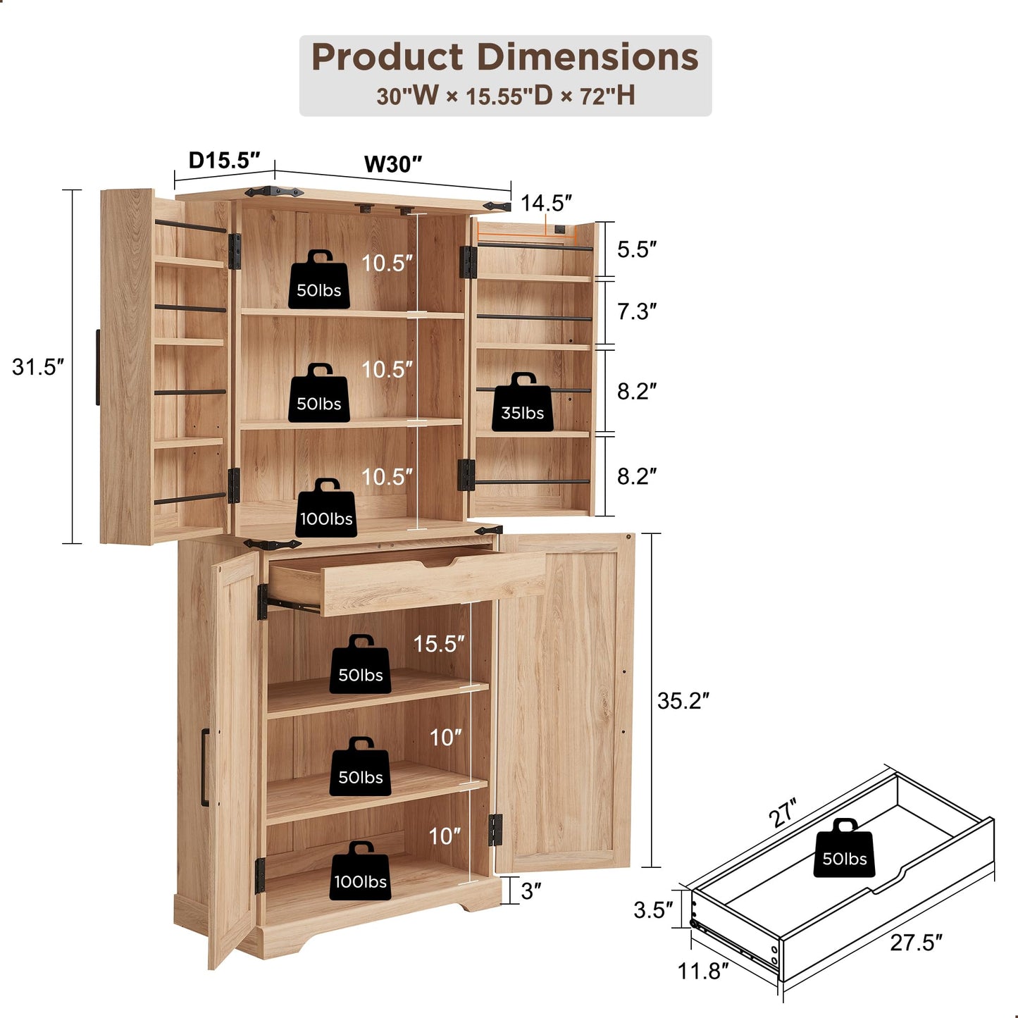 ACCOHOHO 72" Tall Kitchen Pantry with Natural Rattan Doors, Storage Cabinet with Organizer, Drawer and Adjustable Shelves, Wicker Cupboard for Kitchen, Dining Room, and Hallway, Natural Oak