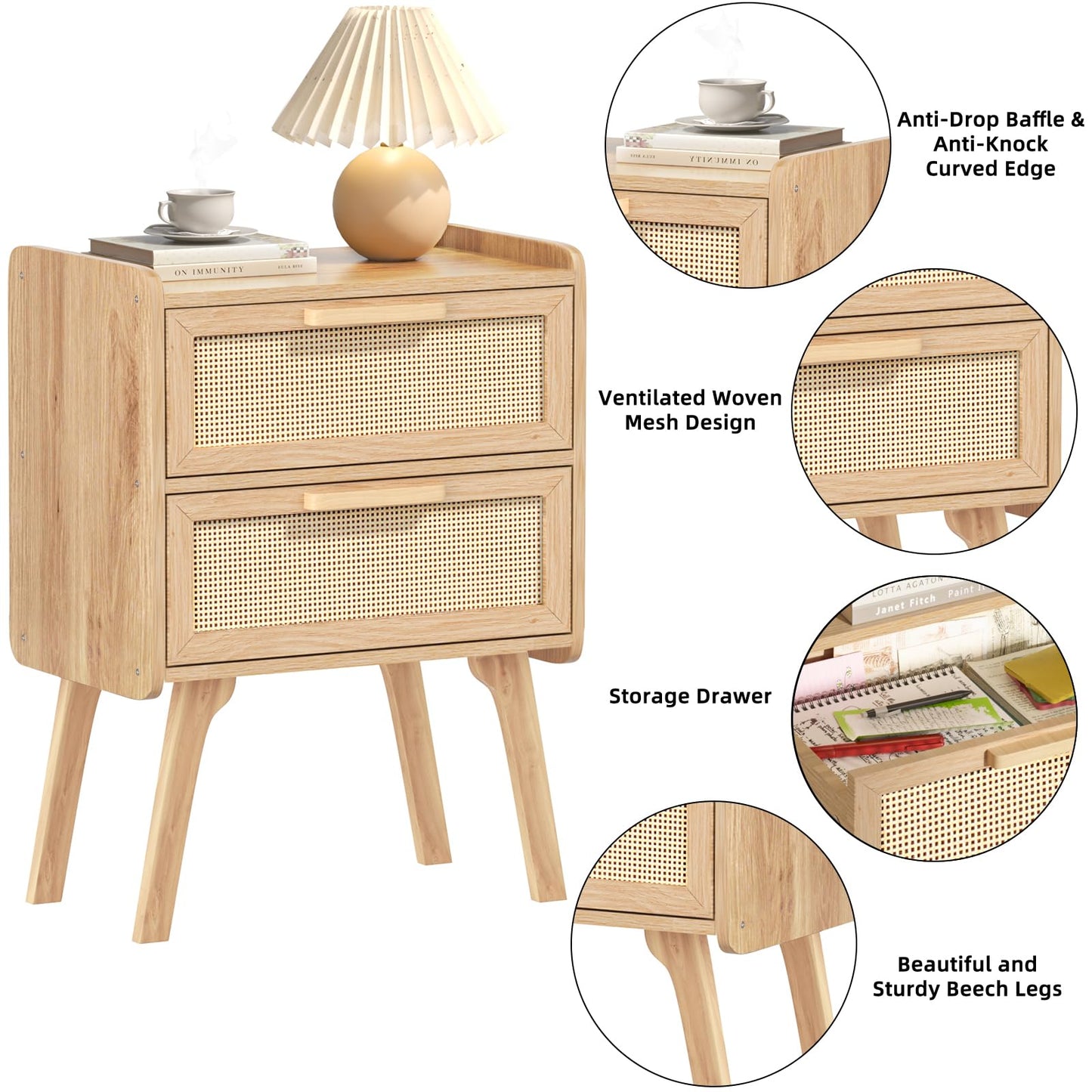 Lerliuo Rattan Nightstands Set of 2, Boho Night Stand with 2 Drawers, Cane Accent Side End Table, Bedside Table with Solid Wood Legs for Bedroom, Dorm and Small Spaces (Natural)