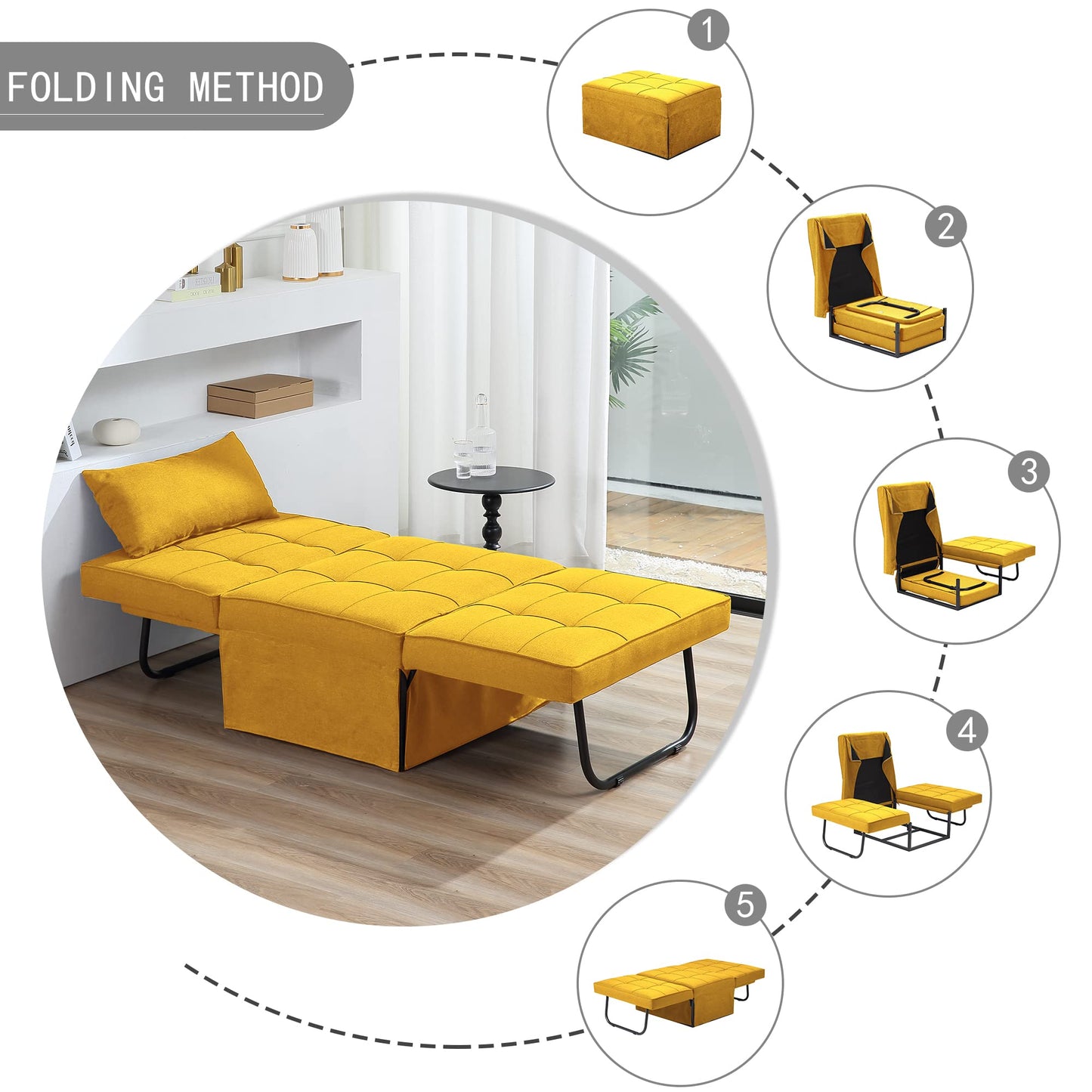 BIGSYY Sofa Bed, 4 in 1 Multi-Function Folding Ottoman Breathable Linen Couch Bed with Adjustable Backrest Modern Convertible Chair for Living Room Apartment Office, Yellow