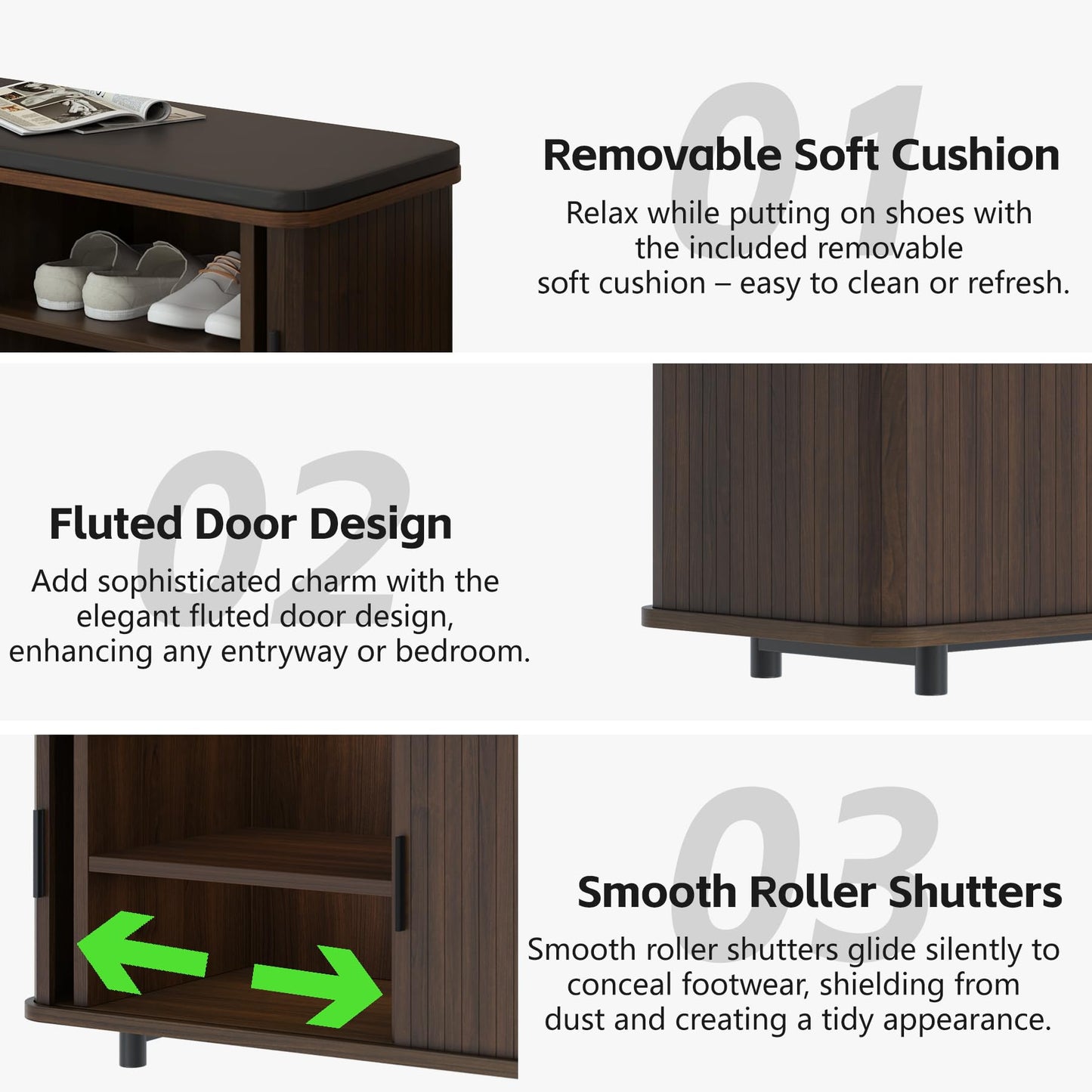 Shoe Storage Bench with Upholstered for Entryway Bedroom, 8 Pairs Wood Shoe Rack Benches with Padded Seat Cushion and Fluted Door for Living Room Hallway Entrance, Rustic Brown Black