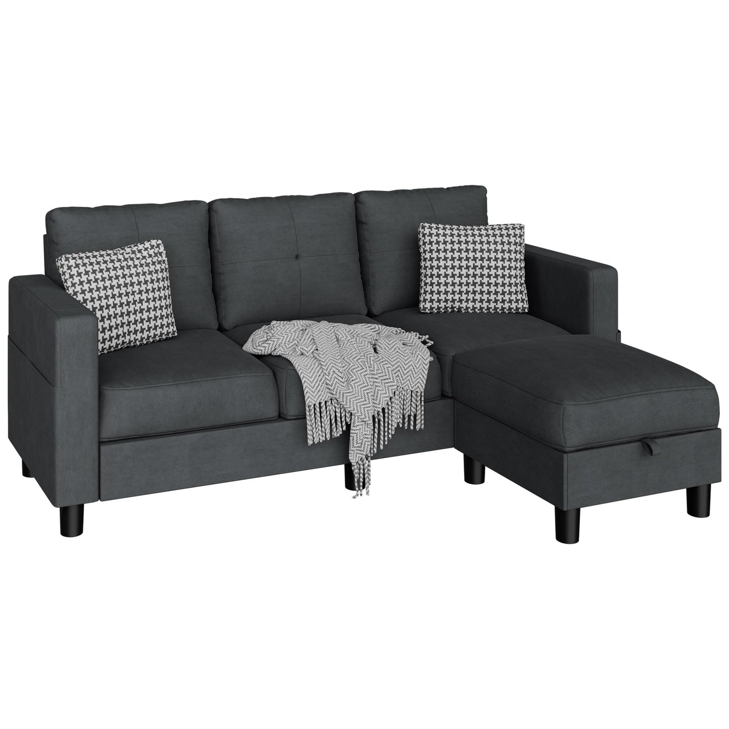 JAMFLY Convertible Sectional Couches for Living Room, L-Shaped Couch 3 Seat Sectional Sofa Set with Polyester Fabric and Movable Ottoman Small Couch for Apartments, Office, Black