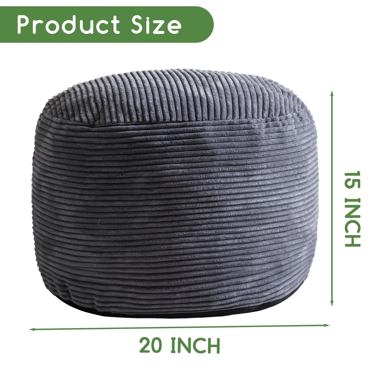 HIGOGOGO Round Stuffed Pouf Ottoman, Corduroy Poufs with Foam Chunk Filling, Furry and Fluffy Pouf Foot Stool Storage Ottoman, 20 X 15 Floor Poufs Foot Rest for Living Room, Dark Grey
