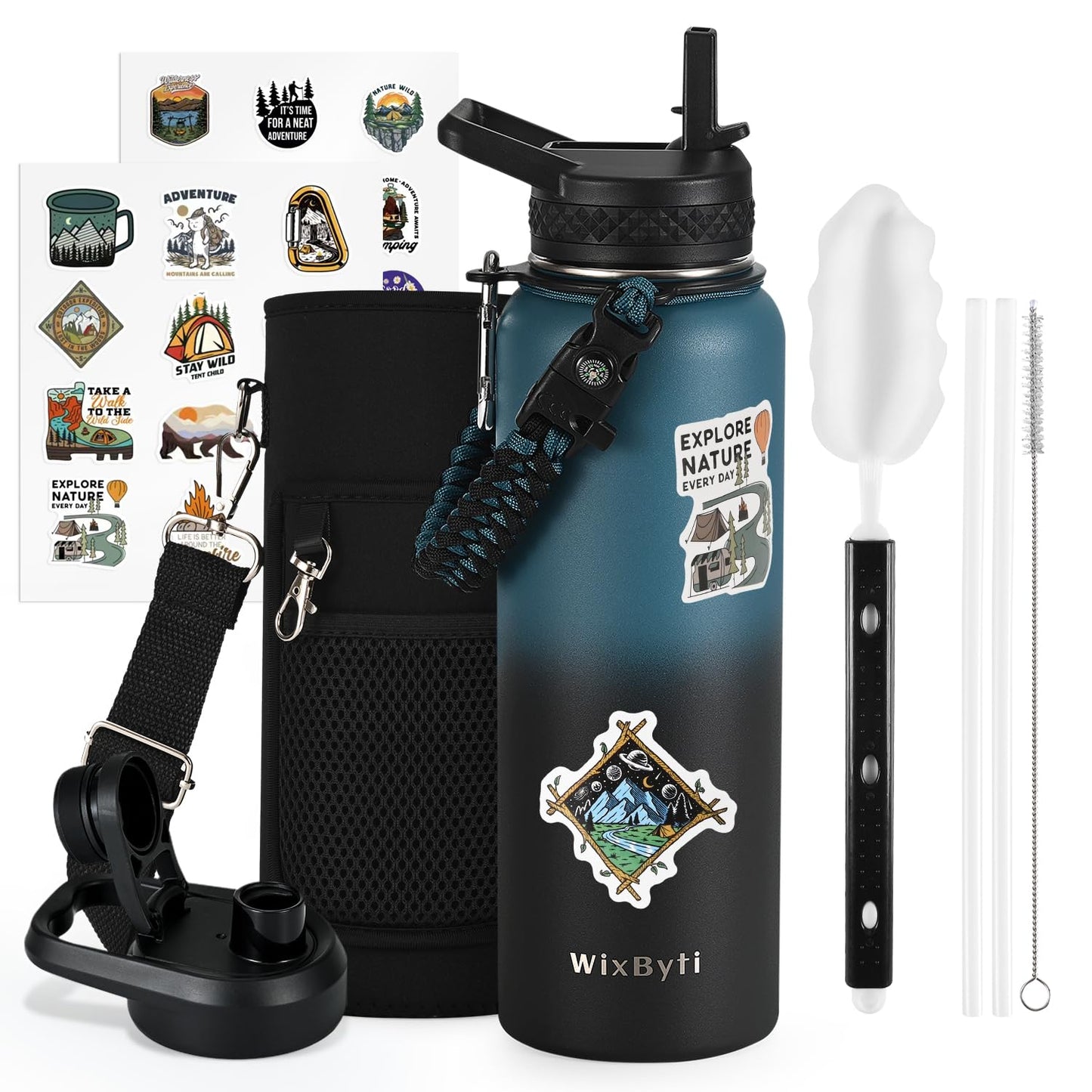 WixByti 40 oz Insulated Water Bottle with Straw (Cold for 48 Hrs), Stainless Steel Triple Wall Vacuum Sports Water Jug, Leakproof Hydro Cup Flask with Paracord Handle & Straw Spout Lids & DIY Stickers