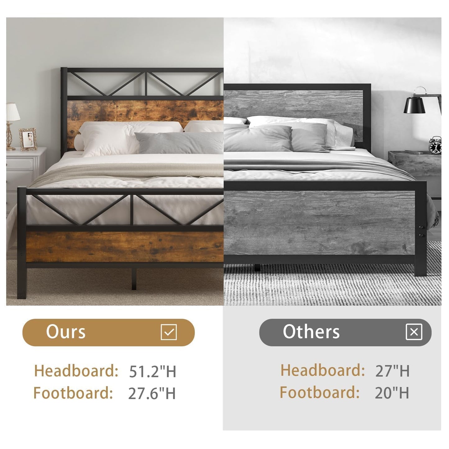 Queen Bed Frame with Headboard, Industrial 51.2" Tall Headboard, Queen Platform Bed Frame with Heavy Duty Metal Slats Support, No Box Spring Needed, Noise-Free, Easy Assembly, Rustic Brown