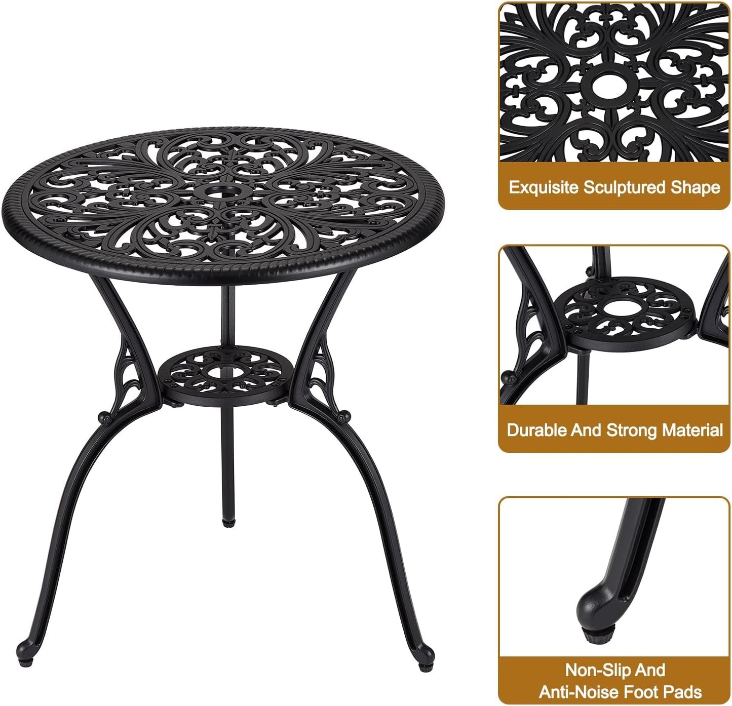 GarveeHome 3 Piece Outdoor Bistro Set, Cast Aluminum Patio Table and Chairs Set of 2 with Umbrella Hole, Rust-Resistant All Weather Balcony Furniture for Backyard, Porch, Black