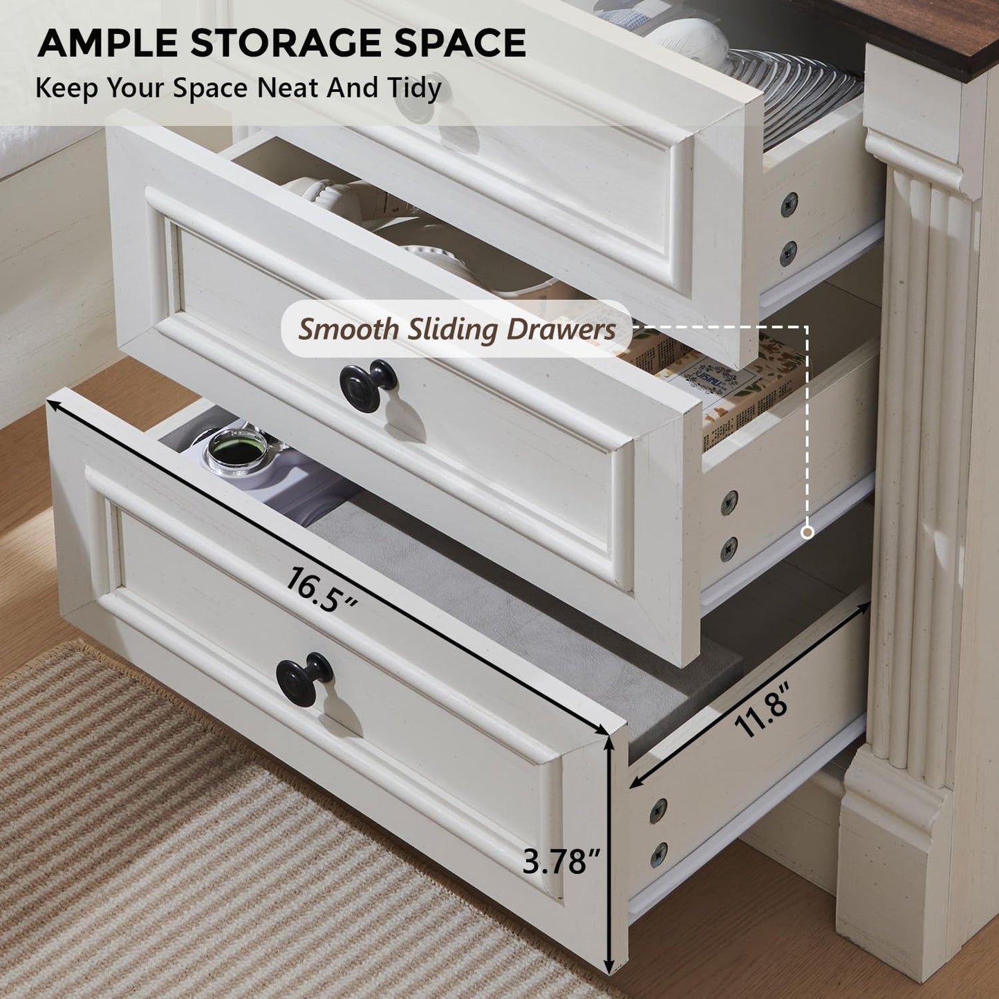 Aitjunz 26" Tall Farmhouse Nightstand Set of 2, 3 Drawers End Table w/Charging Station, 23.6" Wide Large Side Table w/Roman Column, Wood Rustic Sofa Table for Bedroom, Living Room, White