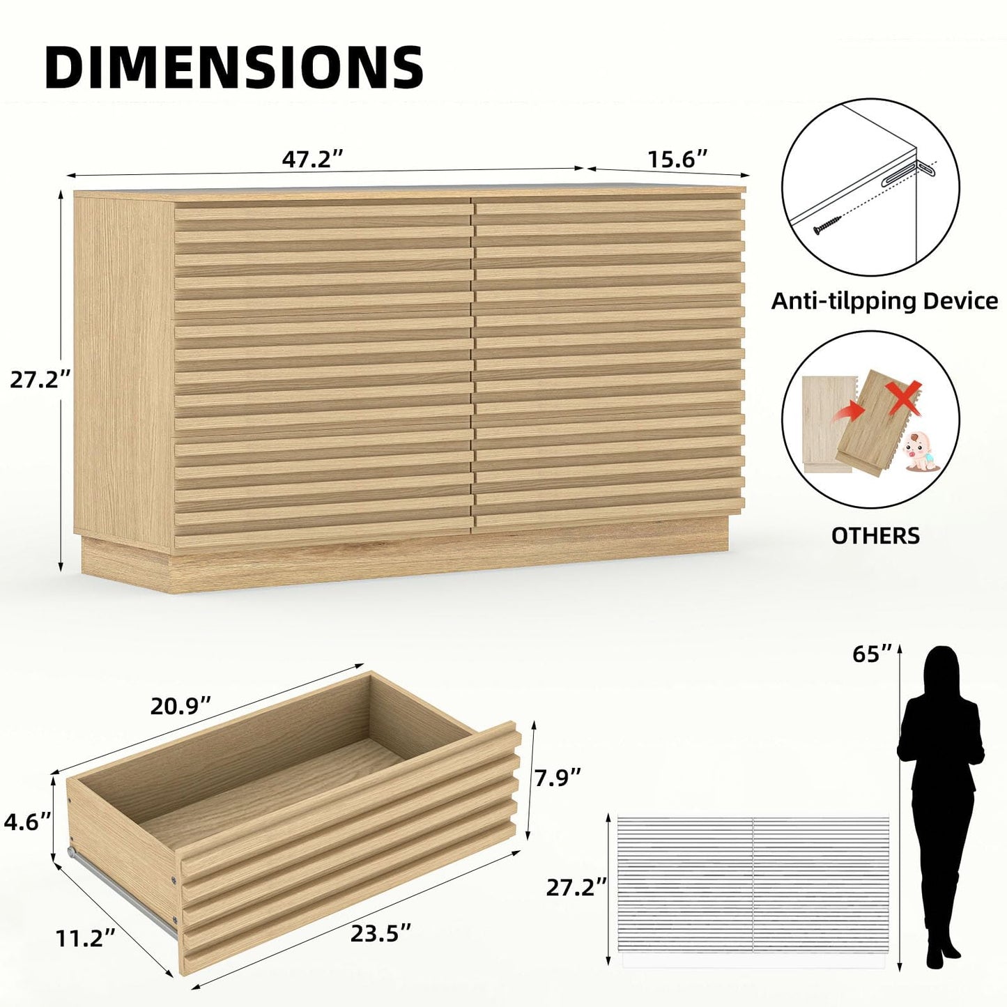 BREEZEHEAT Fluted Dresser for Bedroom–6 Drawer Wide Chest of Drawers, Modern Wood Farmhouse Dresser TV Stand, Closet Storage Cabinet for Living Room, Hallway, Natural Oak Finish, 47” Wide
