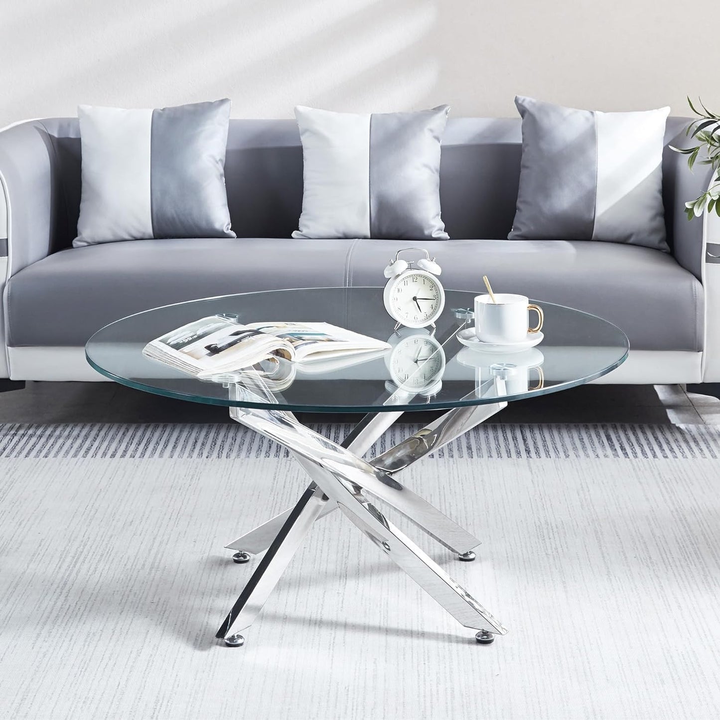 KUVADAZ Round Coffee Table with Silver Mirrored Stainless Steel Base, Tempered Glass Center Tables Modern Coffee Table, Clear Circular Living Room Cocktail Table for Home Office
