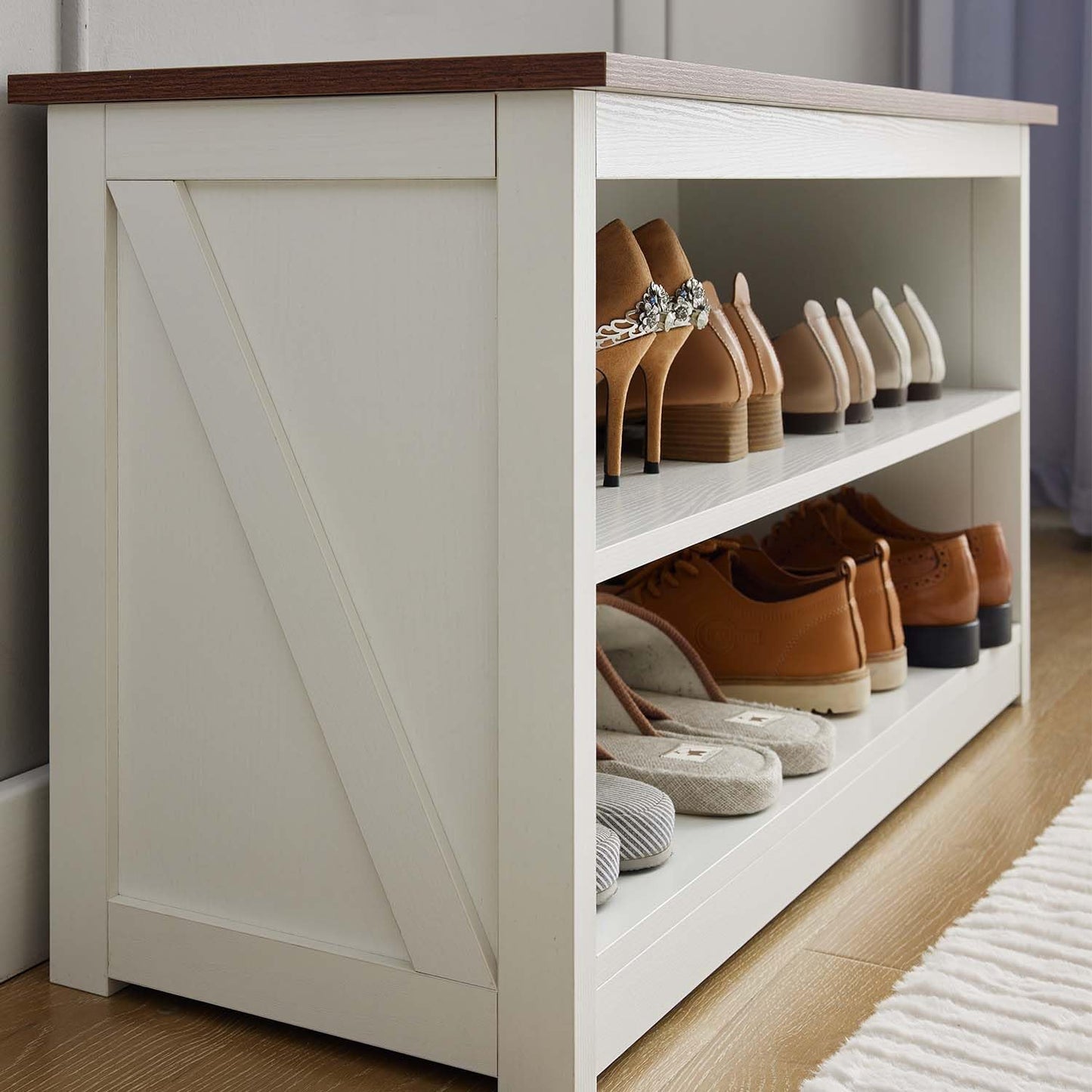 Entryway Bench with Shoe Storage, 2-Tier Shoe Shelf Organizer for Entryway, Wooden Shoe Rack for Home, Living Room, Hallway, White