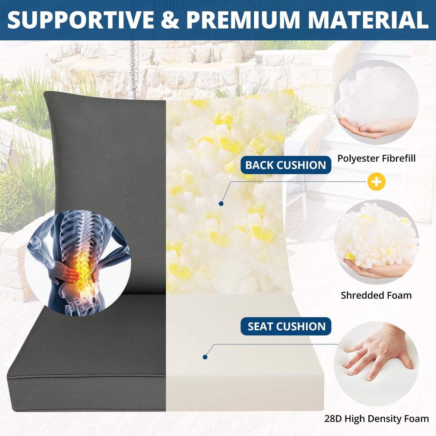 Fabuday Outdoor Chair Cushions Set - 22 x 22 Inch Waterproof & Fade Resistant Patio Furniture with Removable Cover Deep Seat & Back Pillow with Ties Replacement for Sunbrella Outside Sofa Couch Gray