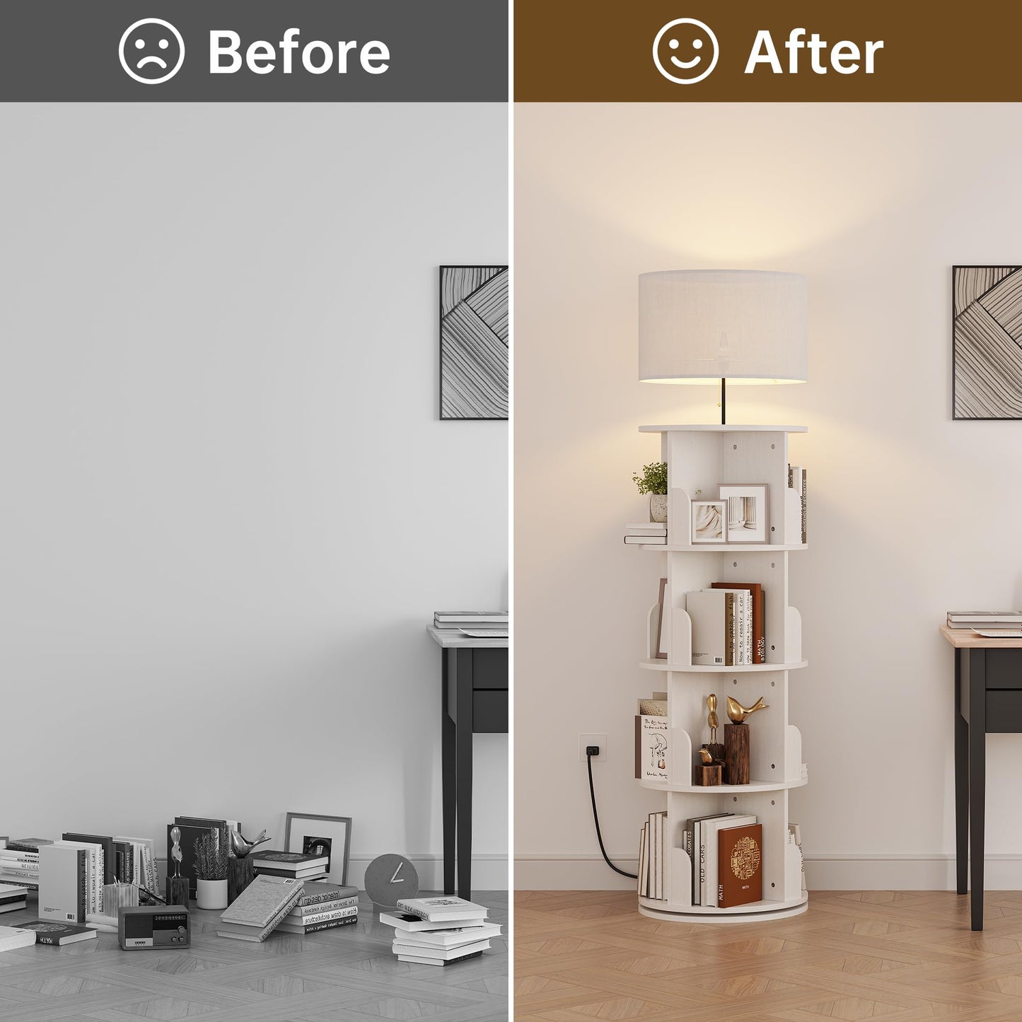 iabifo 4 Tier Rotating Bookshelf with Lamp, 3 Color Temperatures, Vertical Bookcase Tower, Space-Saving Floor Standing Organizer for Living Room, Bedroom, White
