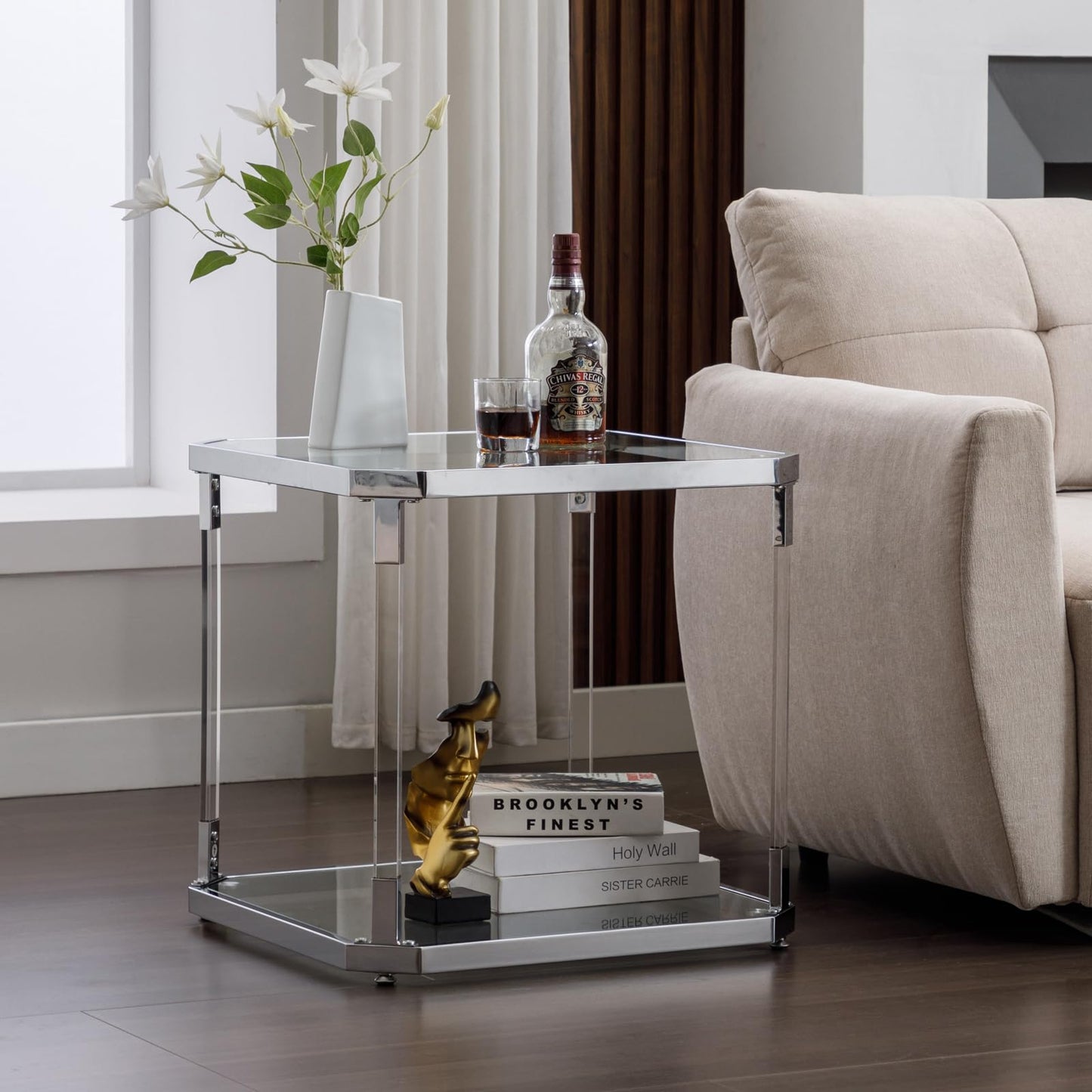 MINPINSER Glass Top Side Table - Silver Square Glass Top End Table Clear Acrylic Nightstand for Living Room Bedside Bedroom