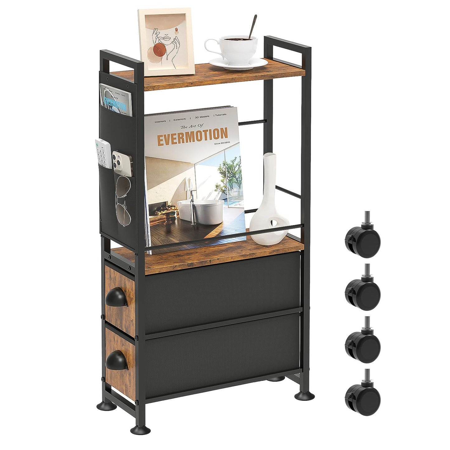 Oppro Small Narrow Side End Table with Drawer for Small Spaces, Slim Nightstand Bedside Sofa Table with Wheels, Space Saving Skinny Thin Couch Coffee Desk with Storage Bag for Bedroom Living Room