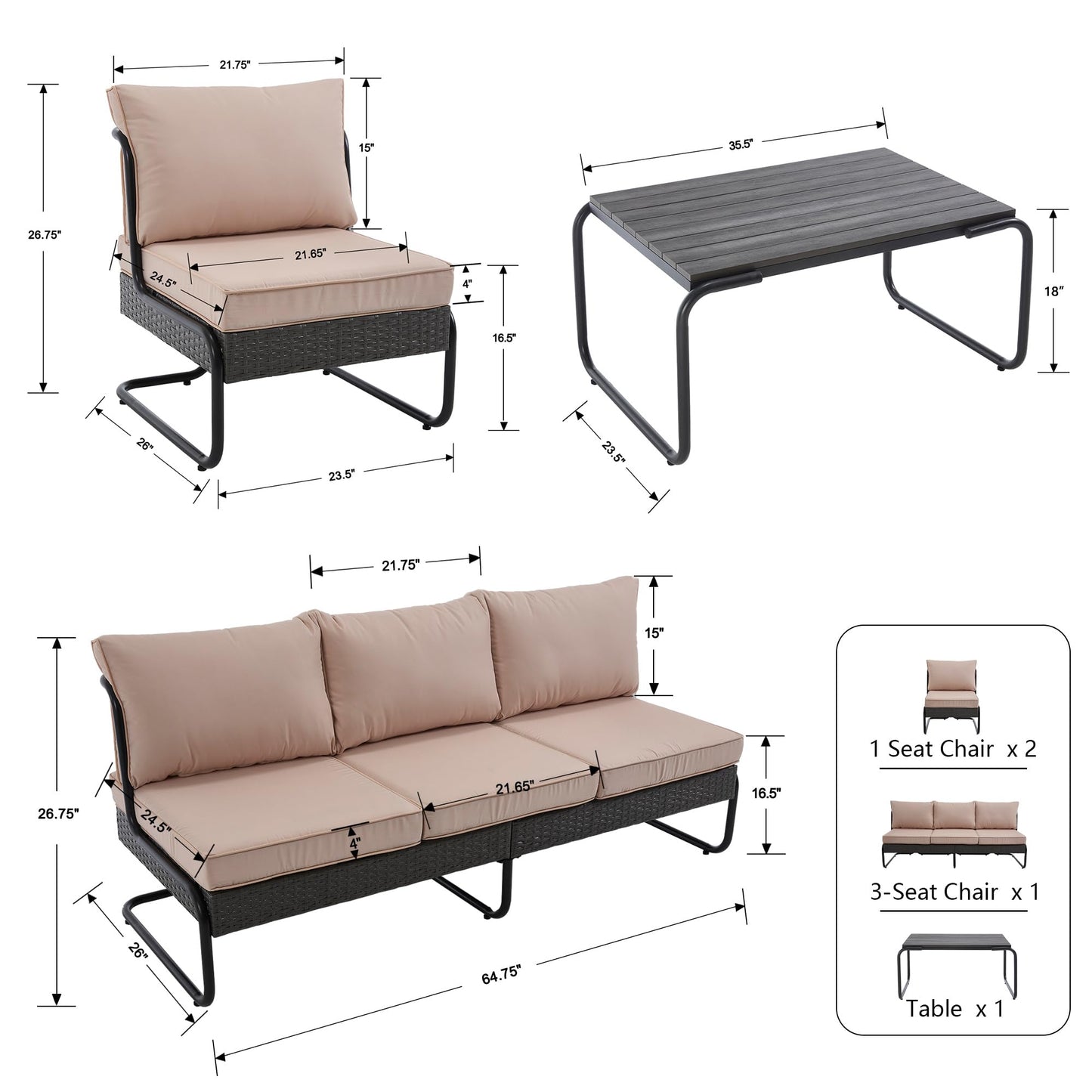 DAYARUS 4 Piece Patio Furniture Set, Modern Patio Conversation Set for 5, All Weather Bistro Furniture Set, Metal Patio Sofas Outdoor Sectional with Coffee Table and Cushions for Lawn/Garden, Khaki
