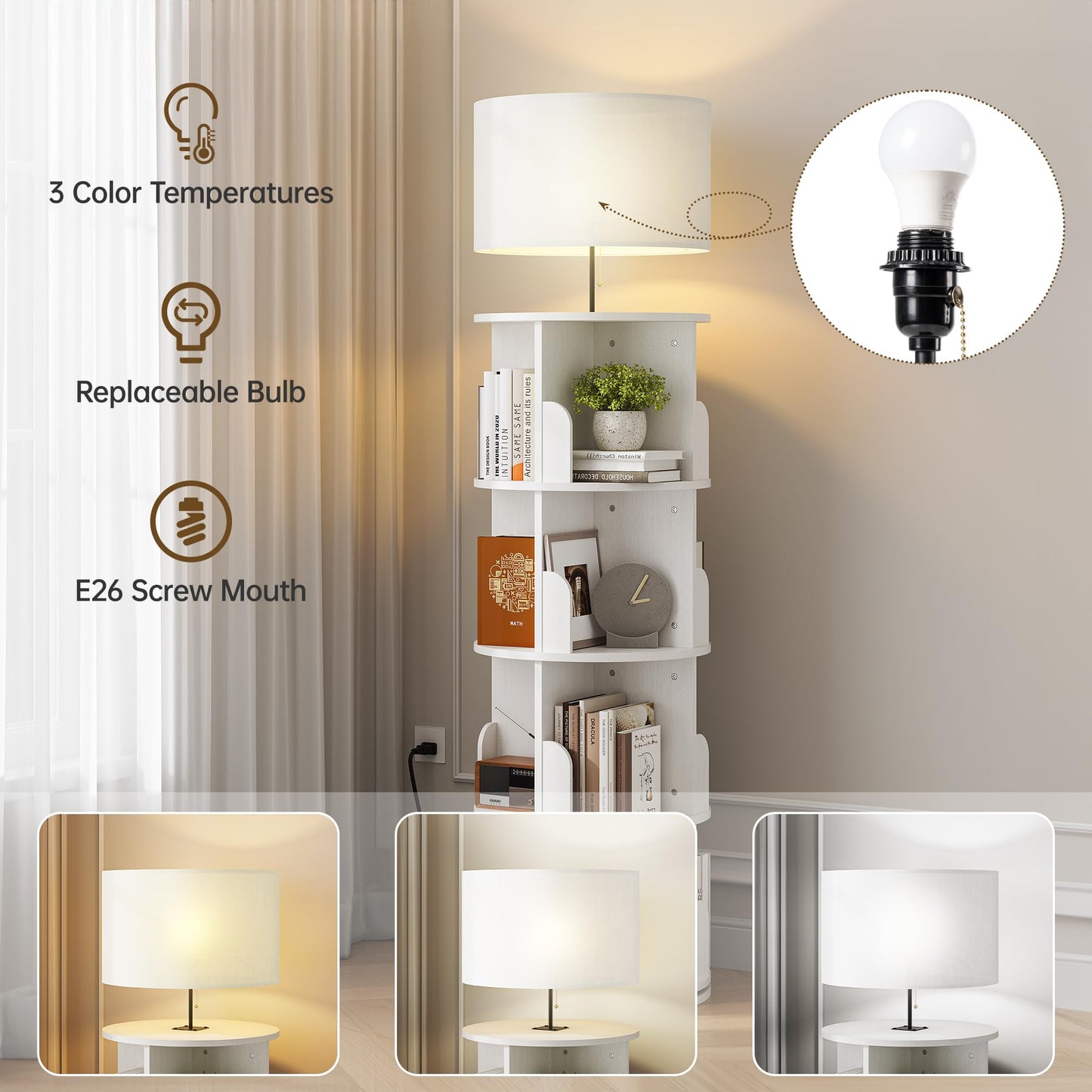 iabifo 4 Tier Rotating Bookshelf with Lamp, 3 Color Temperatures, Vertical Bookcase Tower, Space-Saving Floor Standing Organizer for Living Room, Bedroom, White